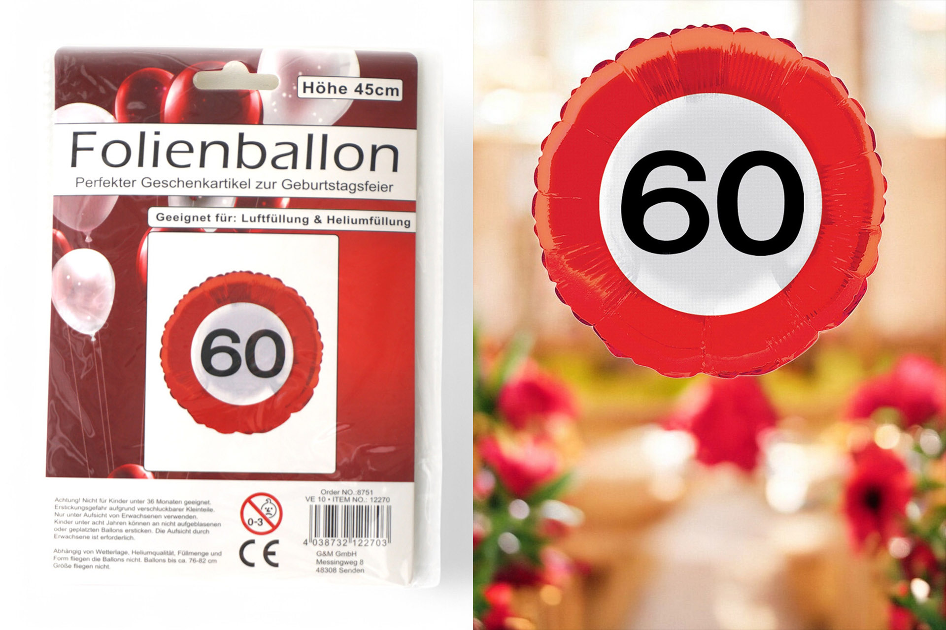 Folienballon Jubiläum Verkehrsschild "60", 45cm