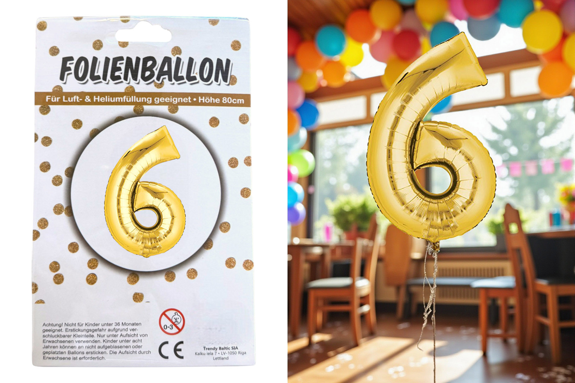 Folienballon Ziffer - 6, 80cm gold
