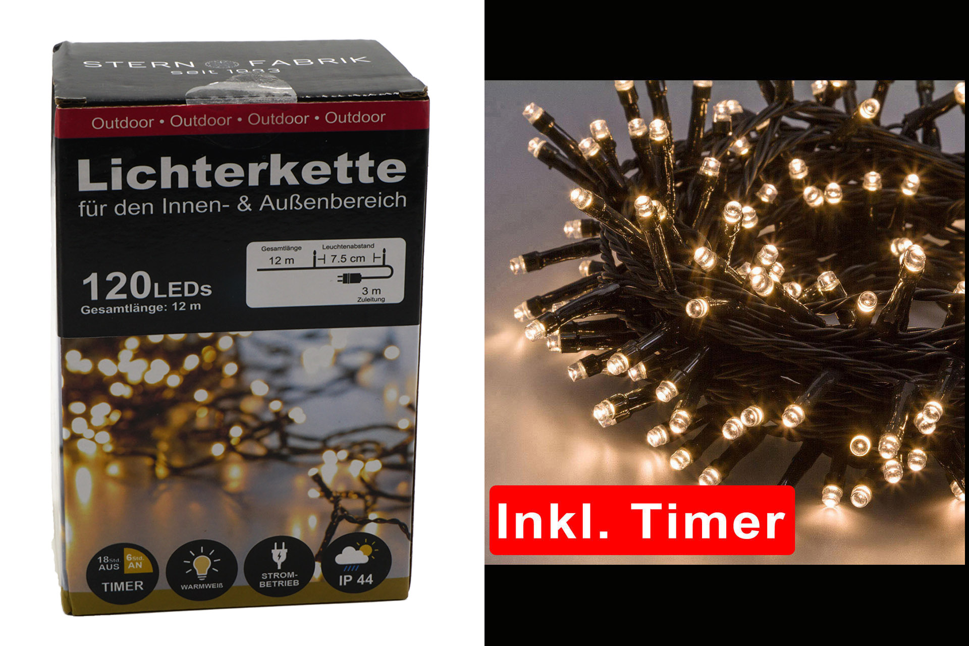 Lichterkette Basic LED, 120er, warmweiß, In- & Outdoor, IP44, mit Timer