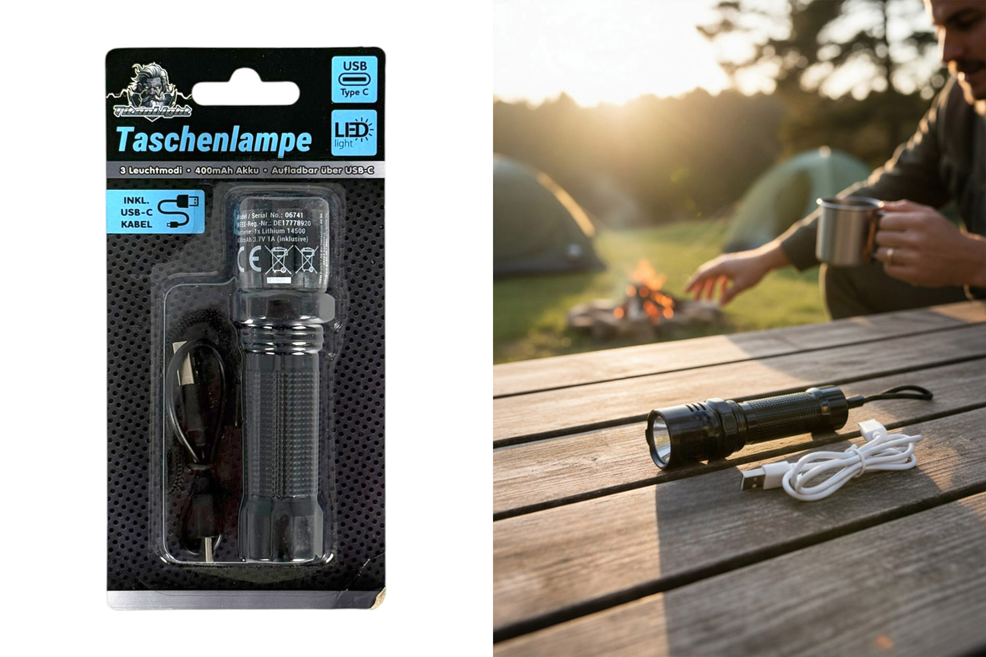 Taschenlampe mit Akku, 3 Leuchtmodi, 2,5x2,5x10cm, inkl. USB-C Kabel, schwarz