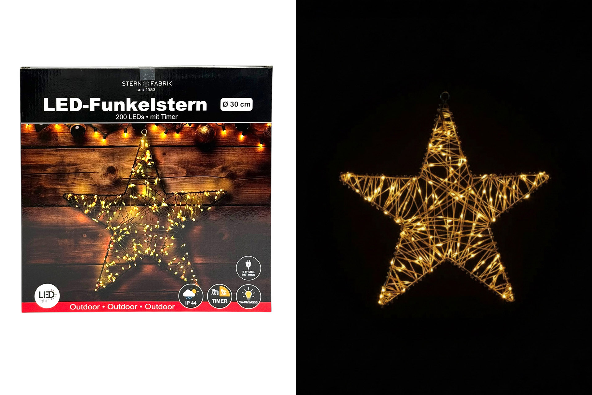 LED "Funkel-Stern", Ø30cm, 200 LEDs, warmweiß, mit Timer