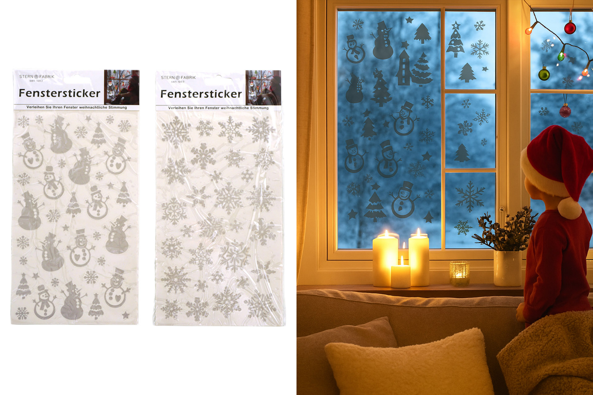Weihnachtsaufkleber Fenstersticker weiß/glitzer, 2 Designs