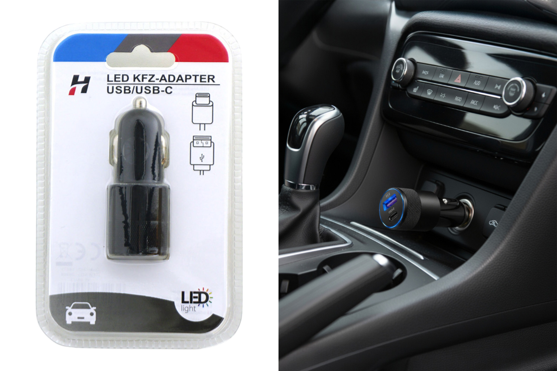 KFZ-Adapter mit LED, USB/USB-C, 2er Port, schwarz
