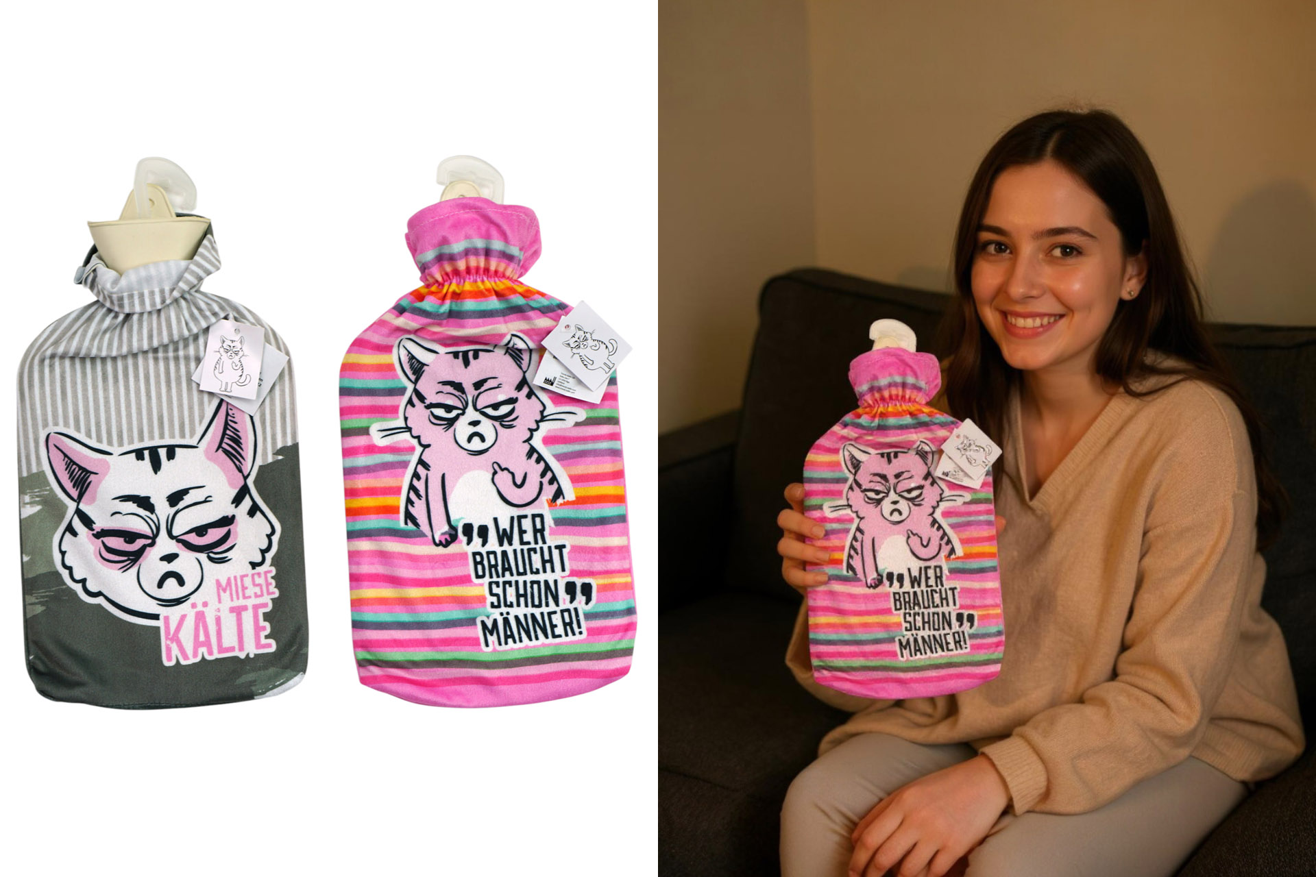 Wärmflasche 2L inkl Überzug "Miesekatze", 2 Designs