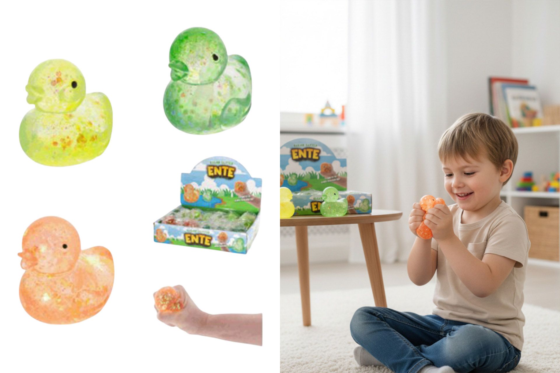 Quetschball Anti-Stress Jelly Squeeze "Ente", Ø 7cm, 3 Farben, im Display