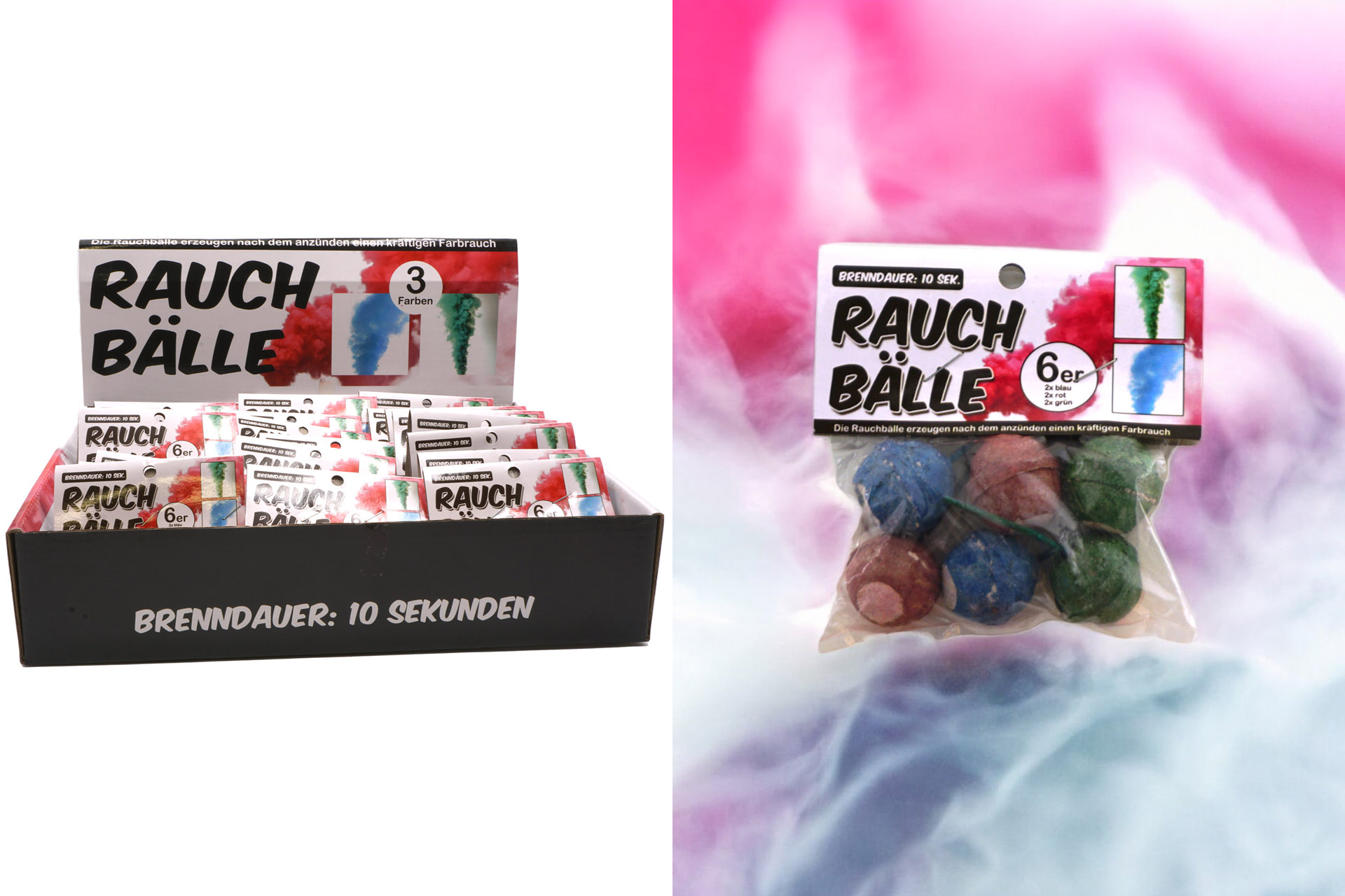 Rauchbombe 6er Set "Farbmix" Brenndauer 10 Sek., im Display