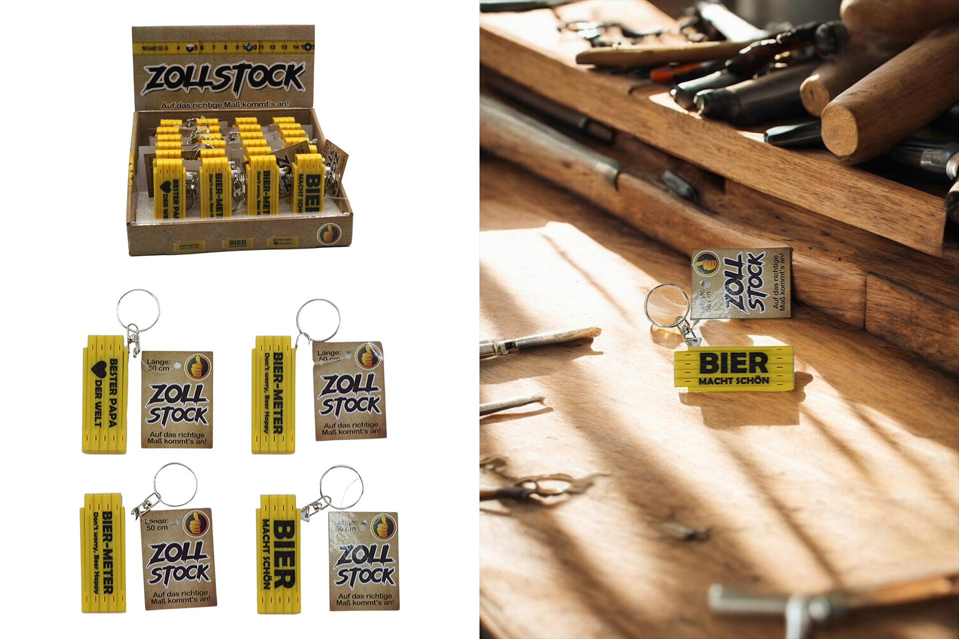 Zollstock Schlüsselanhänger 50cm mit Sprüchen, 3-fach sortiert, gelb, im Display