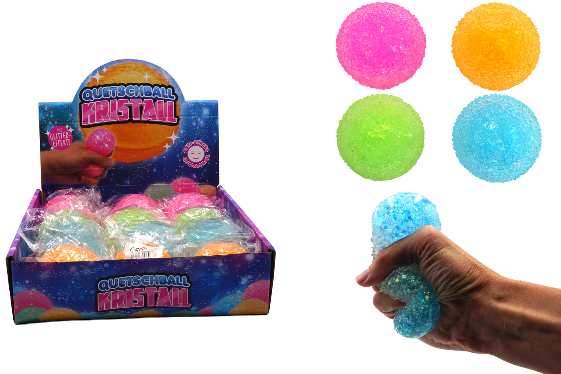 Quetschball Anti-Stress "Kristall" 6cm, 4 Farben, im Display
