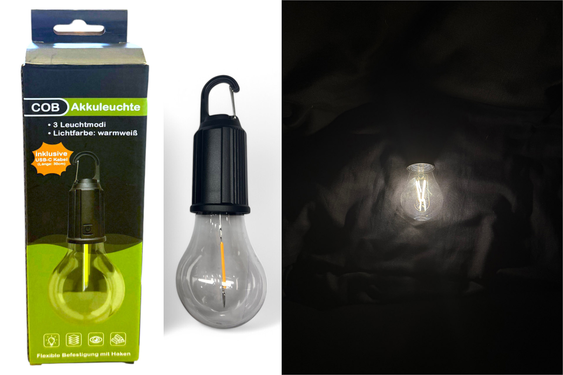 Universalleuchte COB mit Akku, 3 Funktionen, 17x5,5cm, inkl. Kabel, warmweiß