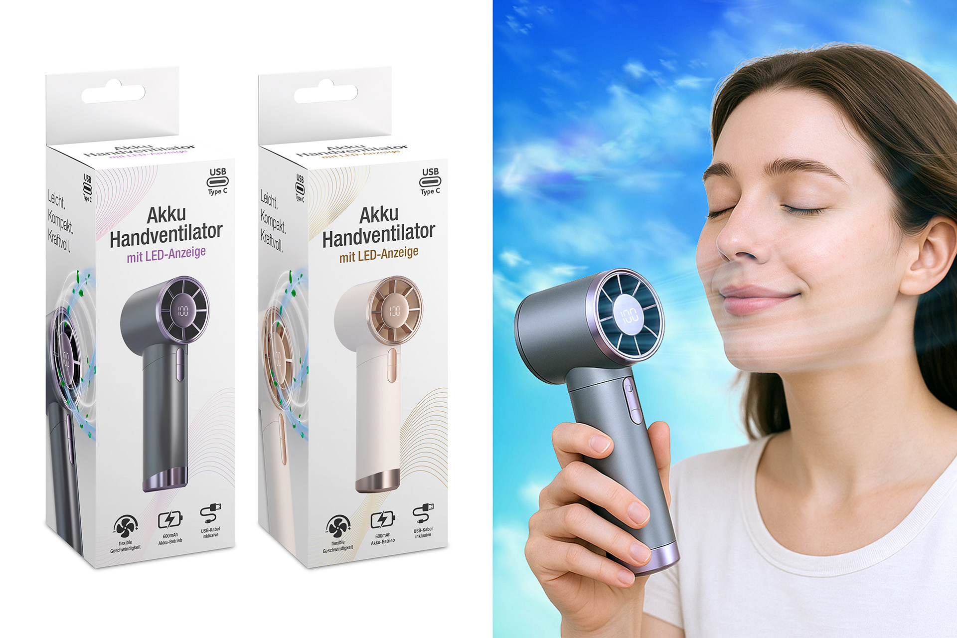 Ventilator "100 Stufen" mit Akku,  USB-C Kabel inklusive, 5x6x16cm, 100 Geschwindigkeiten