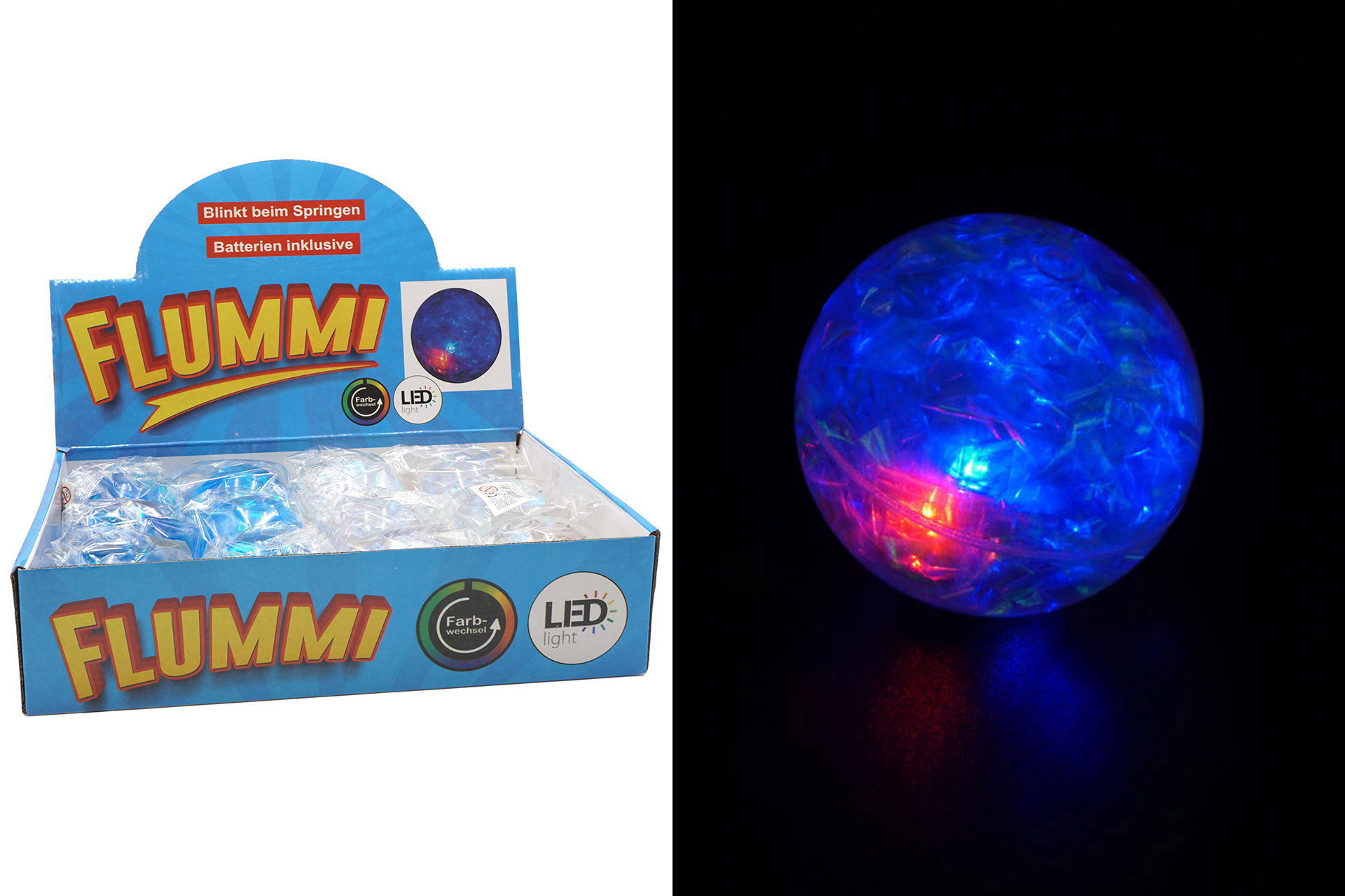 Flummi 3D mit LED, 6,5cm, 2 Farben, im Display