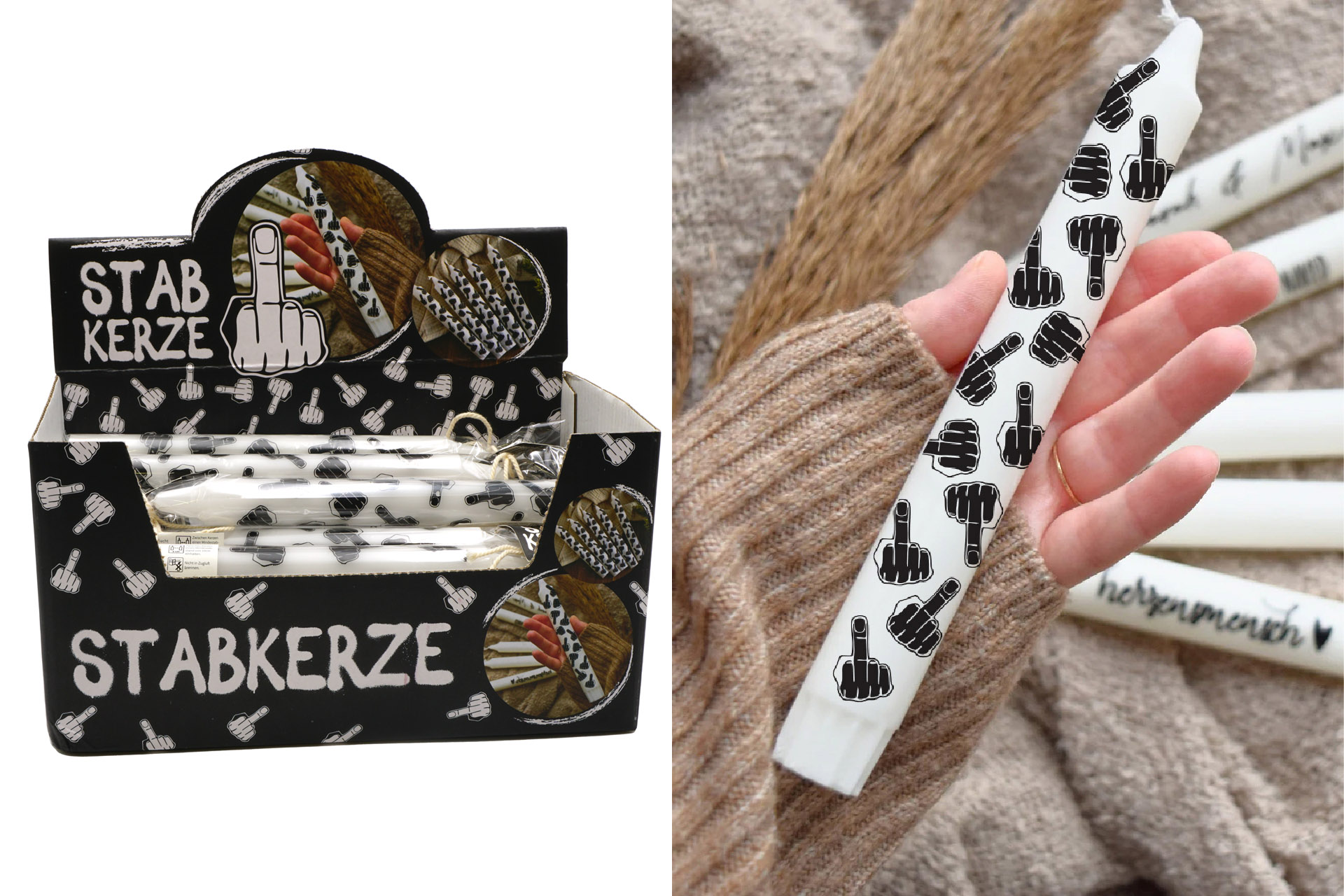 Stabkerze "Mittelfinger" 19x2cm, 2 fach sortiert