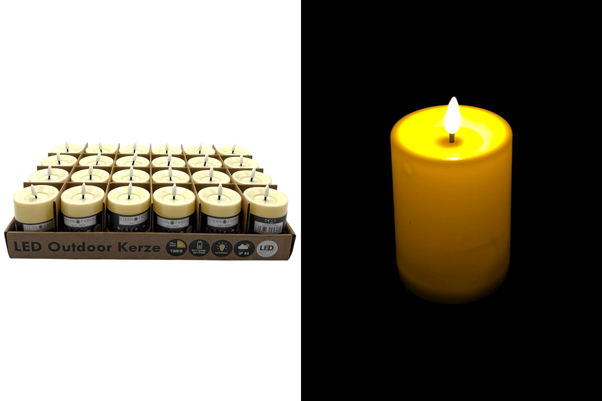 LED Outdoor Kerze, 7,5x7,5x10cm, mit Timer, creme, im Display