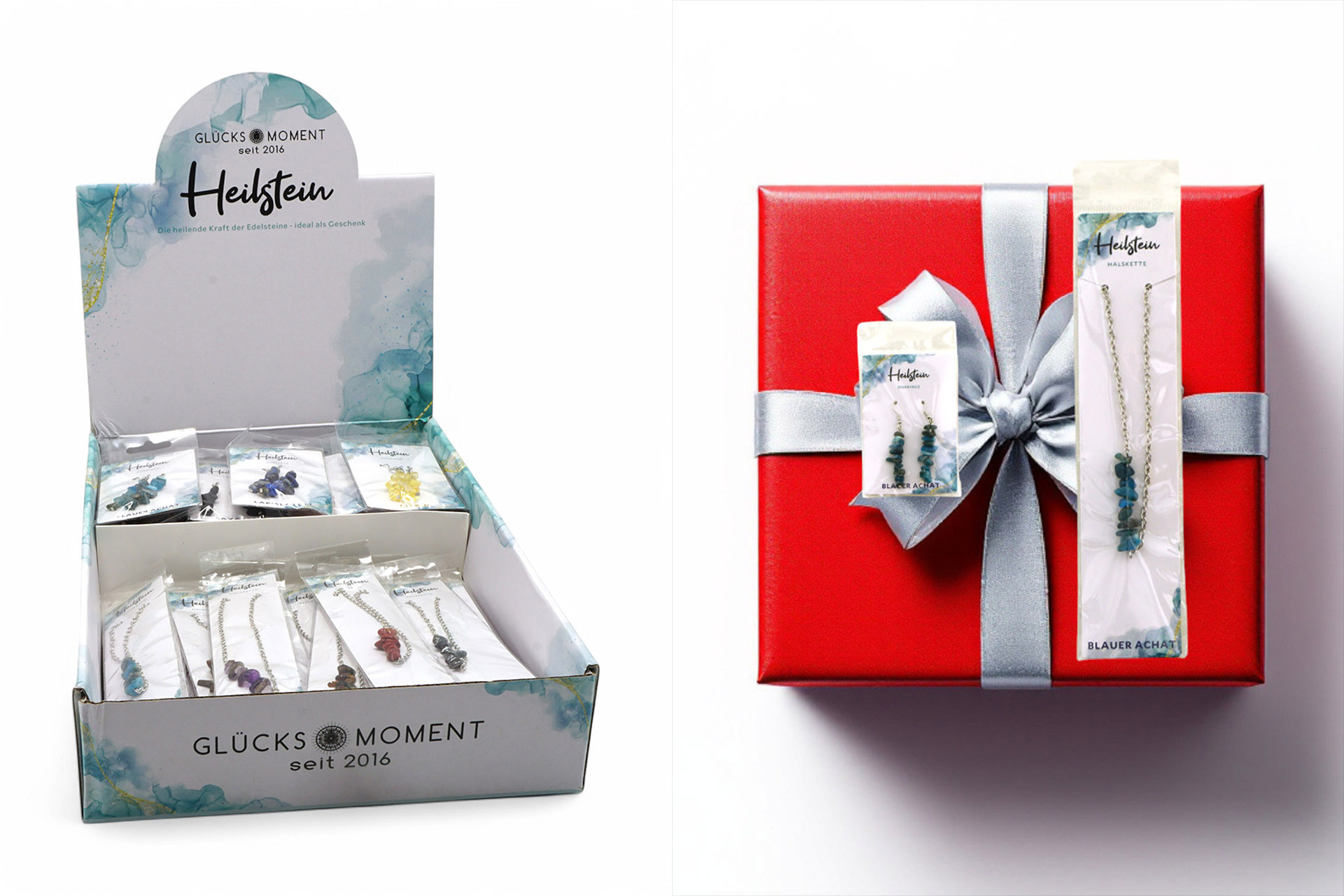 Edelstein Halskette und Ohrringe „Heilstein“ Kristall 10 Designs sortiert, im Display