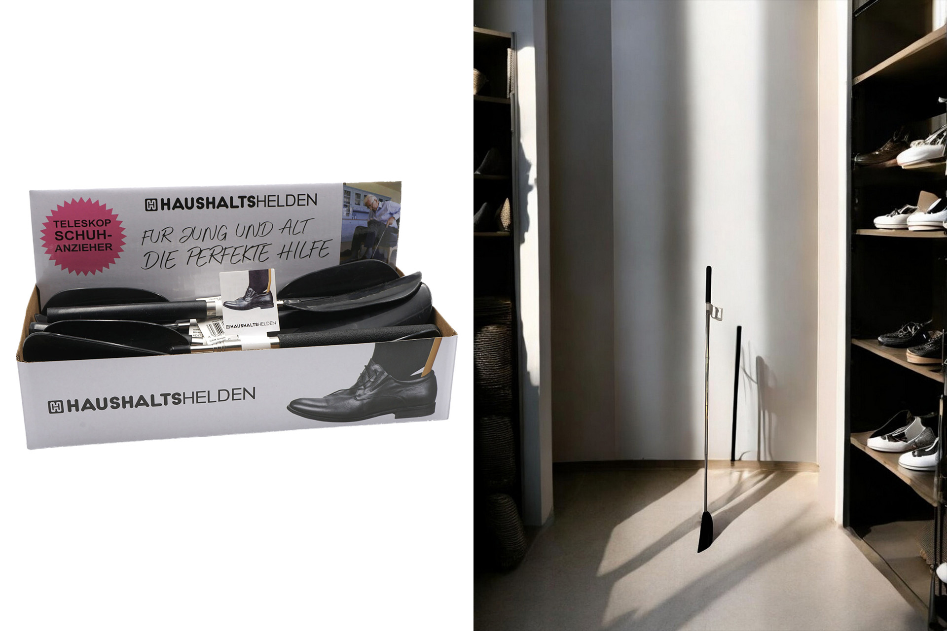 Schuhanzieher Teleskop, schwarz, 26-74cm ausziehbar, im Display