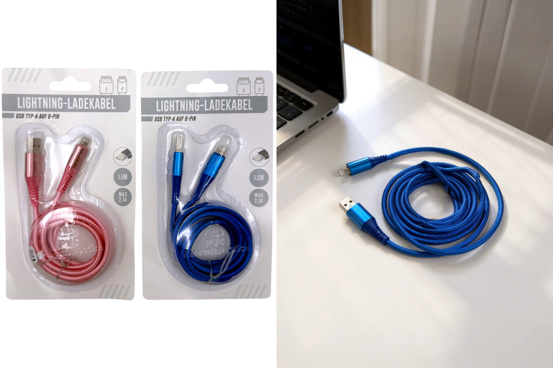 Ladekabel IPhone "Pink/blau", 2 Farben, 1,5m