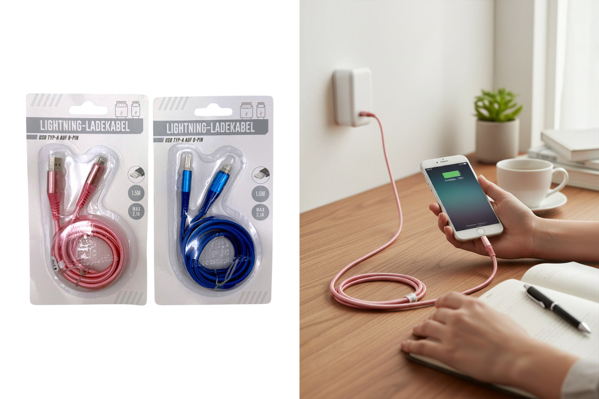 Ladekabel IPhone "Pink/blau", 2 Farben, 1,5m