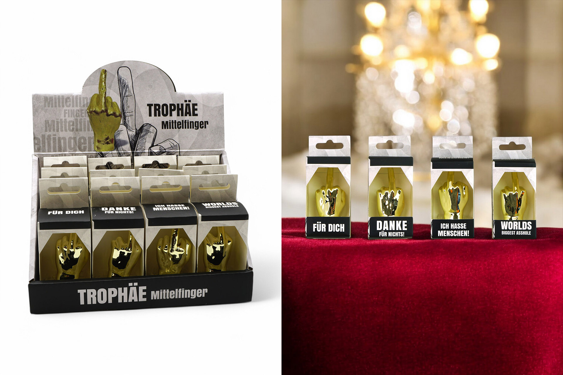 Mittelfinger "Trophäe" mit Spruch, 7,5x3,5cm, 4 Designs, im Display