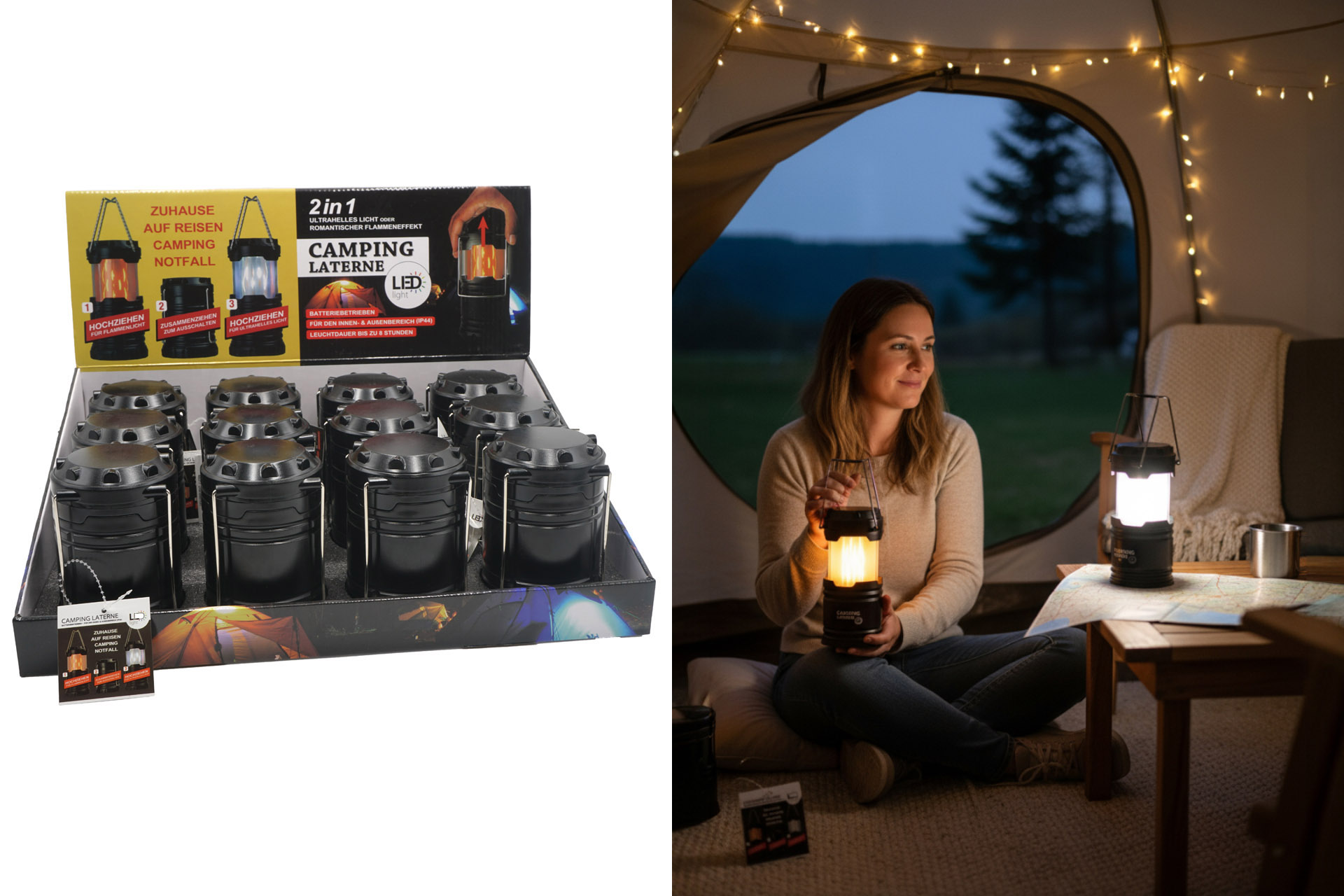 Camping Laterne ausziehbar, 12 LEDs, 8 x 13,5cm, warm- & kaltweiß