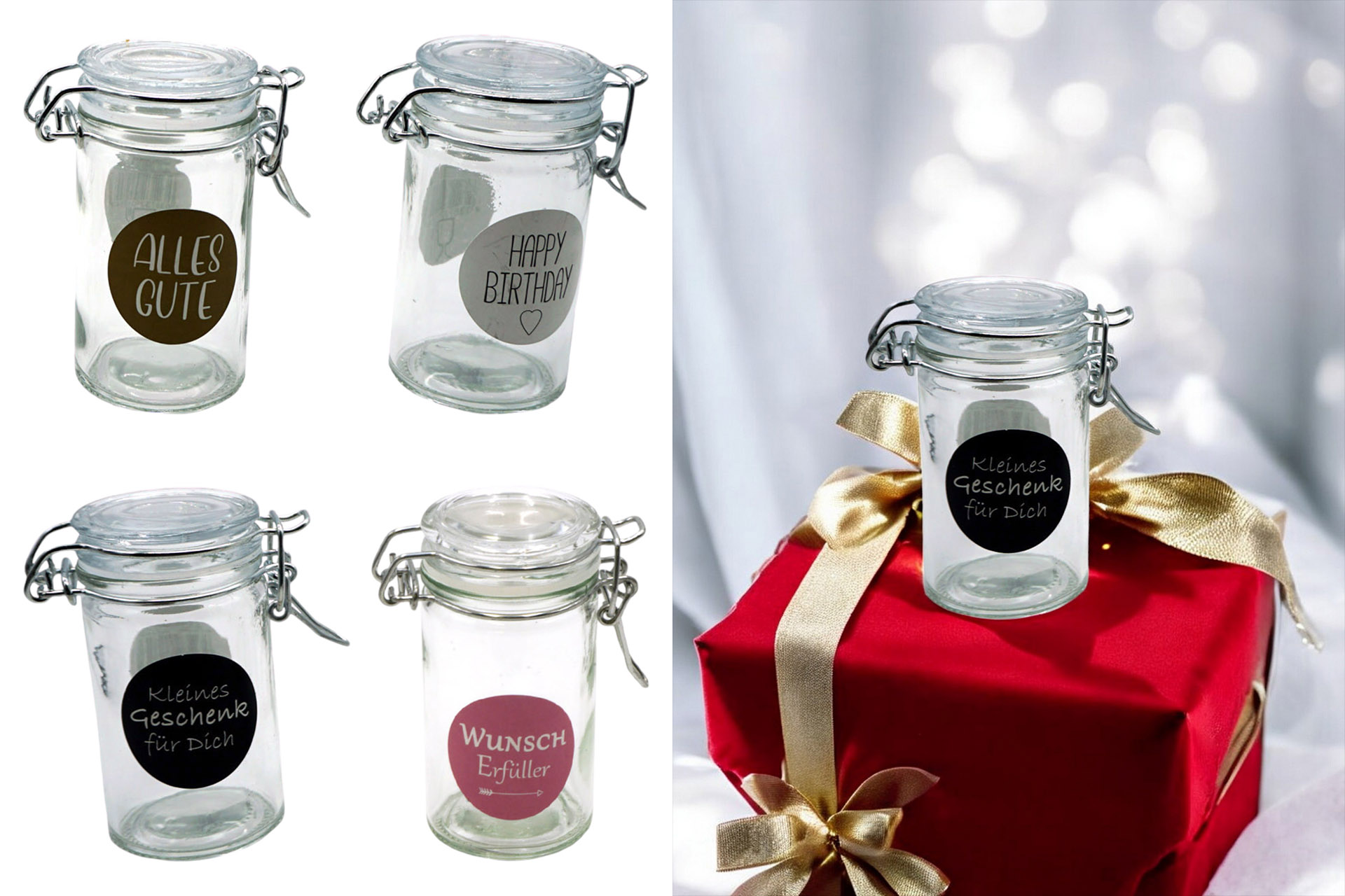 Bügelglas mit Spruch, 70ml, 8,5x4,5cm, 4 Designs