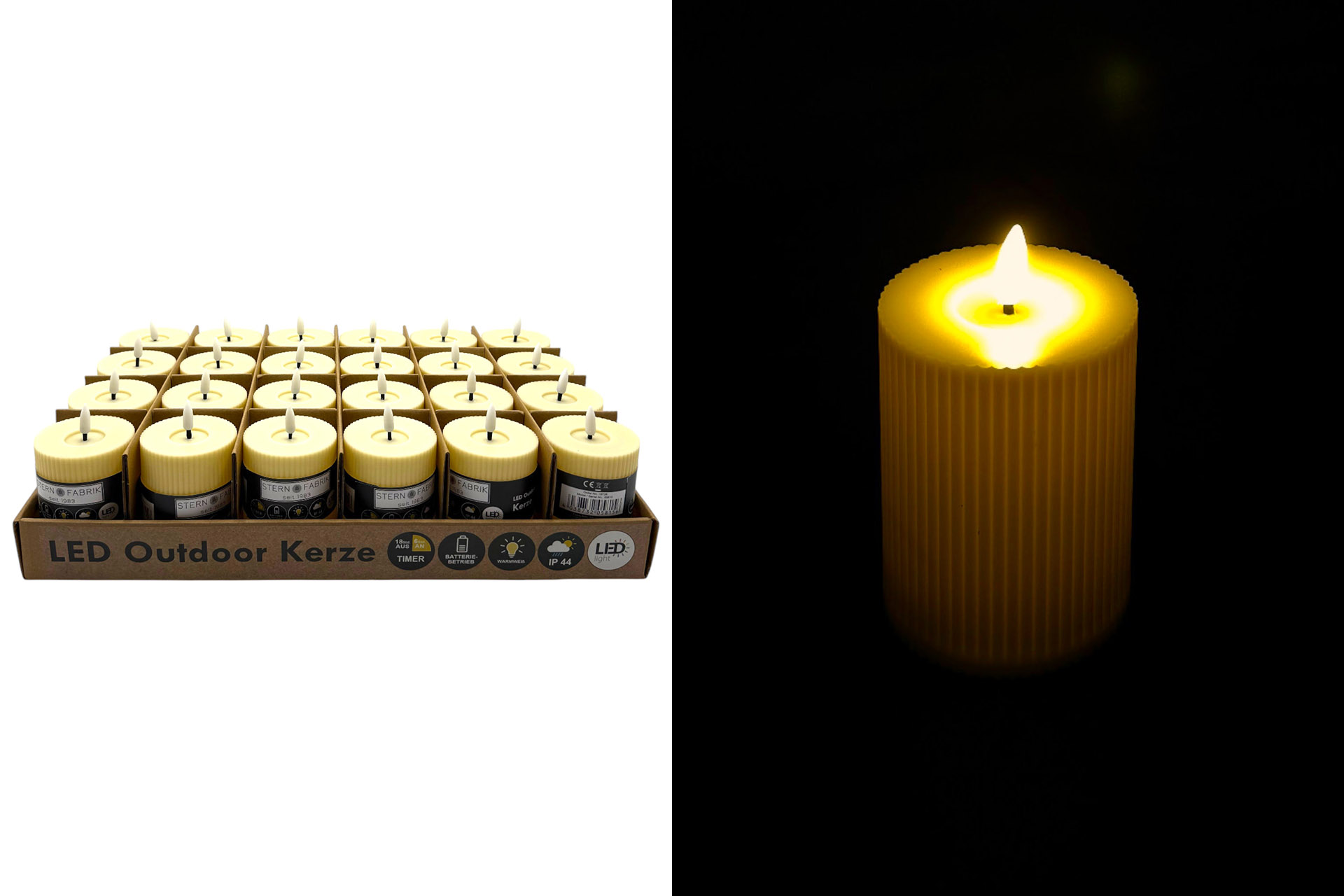 LED Outdoor Kerze, 7,5x7,5x10cm, mit Timer, creme, im Display