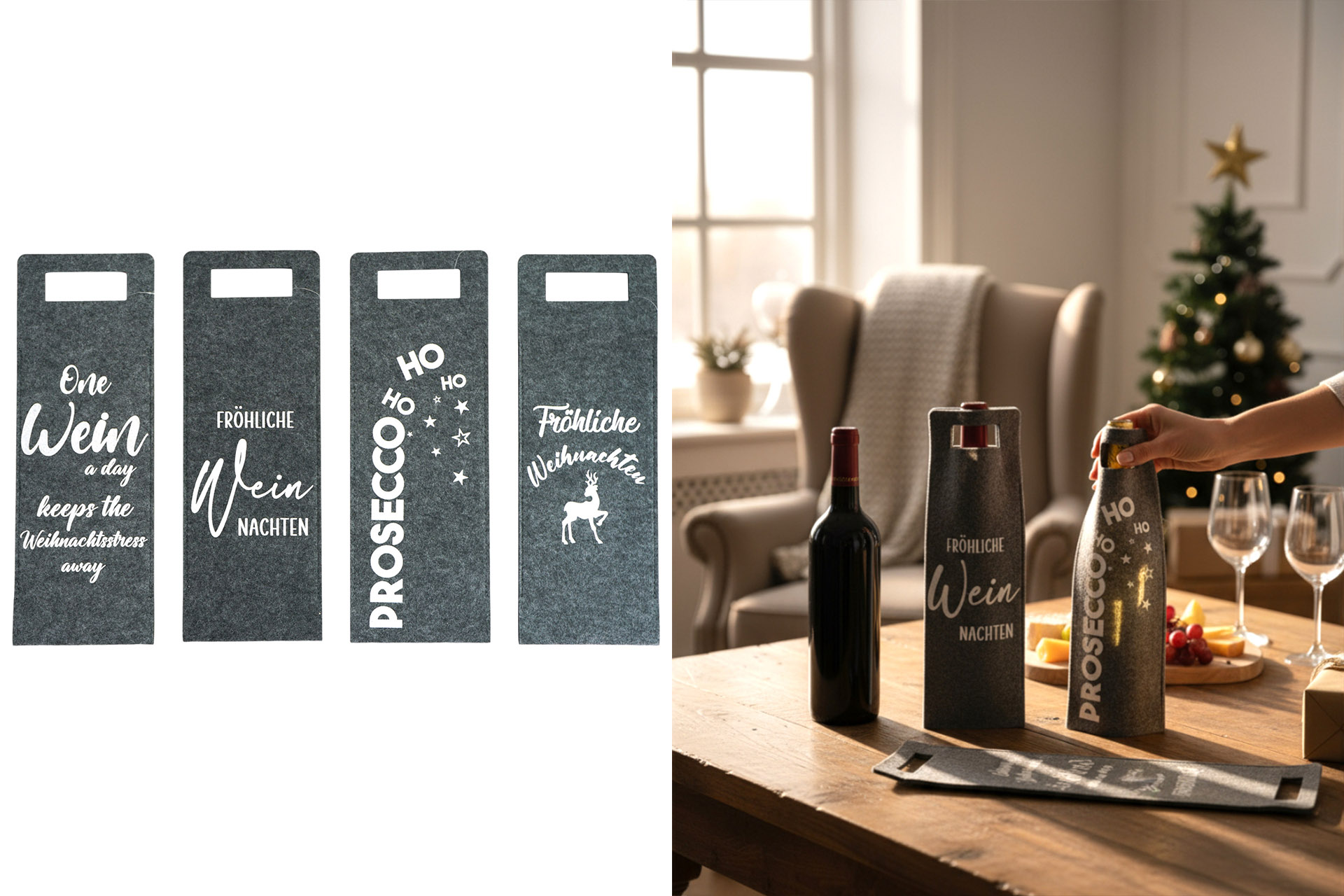Geschenktasche Flaschentasche Filz "Weihnachtssprüche" 4 Designs, 41x14,5cm