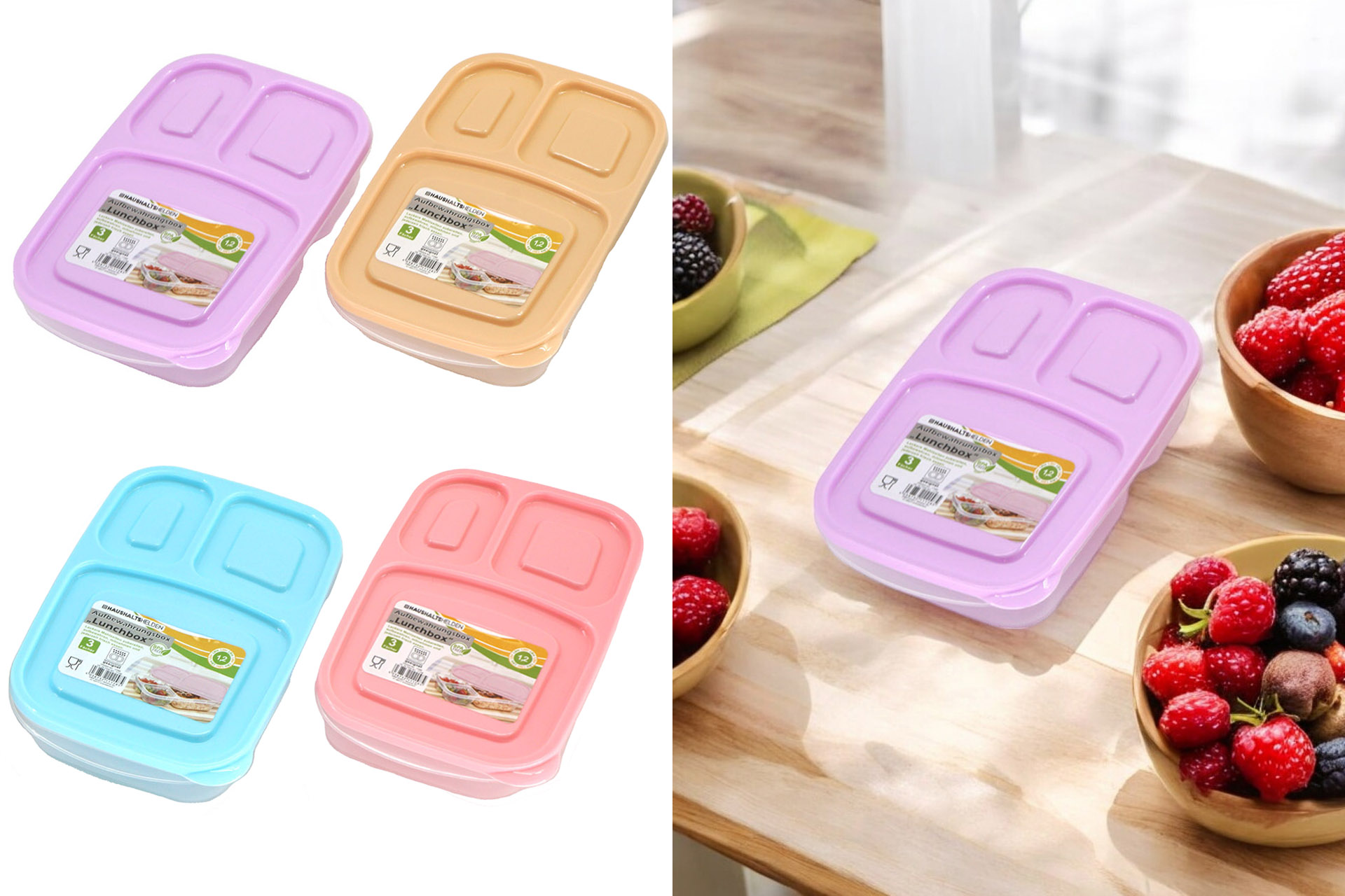 Frischhaltebox Lunchbox, 3 Fächer, 1,2 Liter, 4 Farben