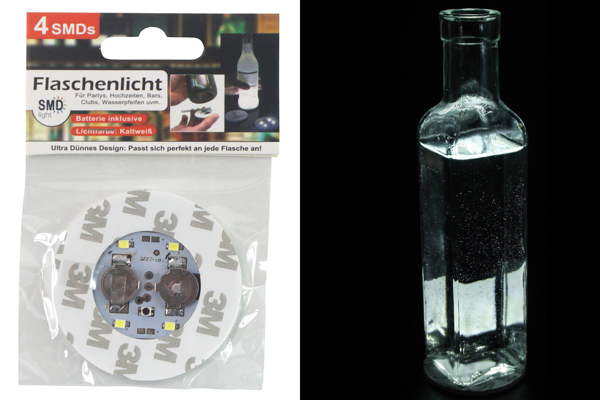 LED Lichtsticker Flaschenbeleuchtung, 4 starke SMD kaltweiß, inkl. Batterie