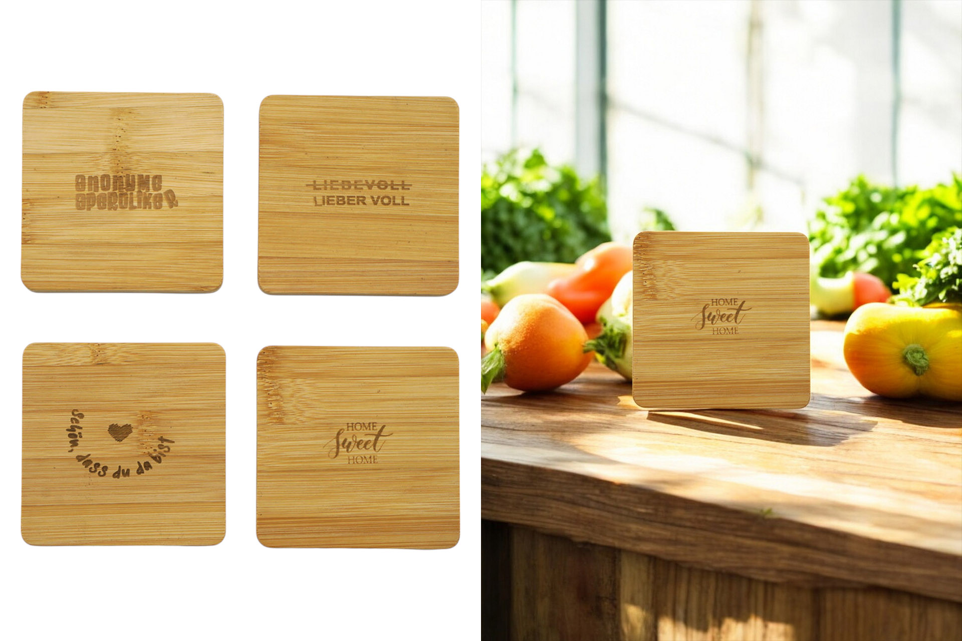 Bambus Untersetzer mit Druck, 8,9x8,9x0,8cm, 4 Designs