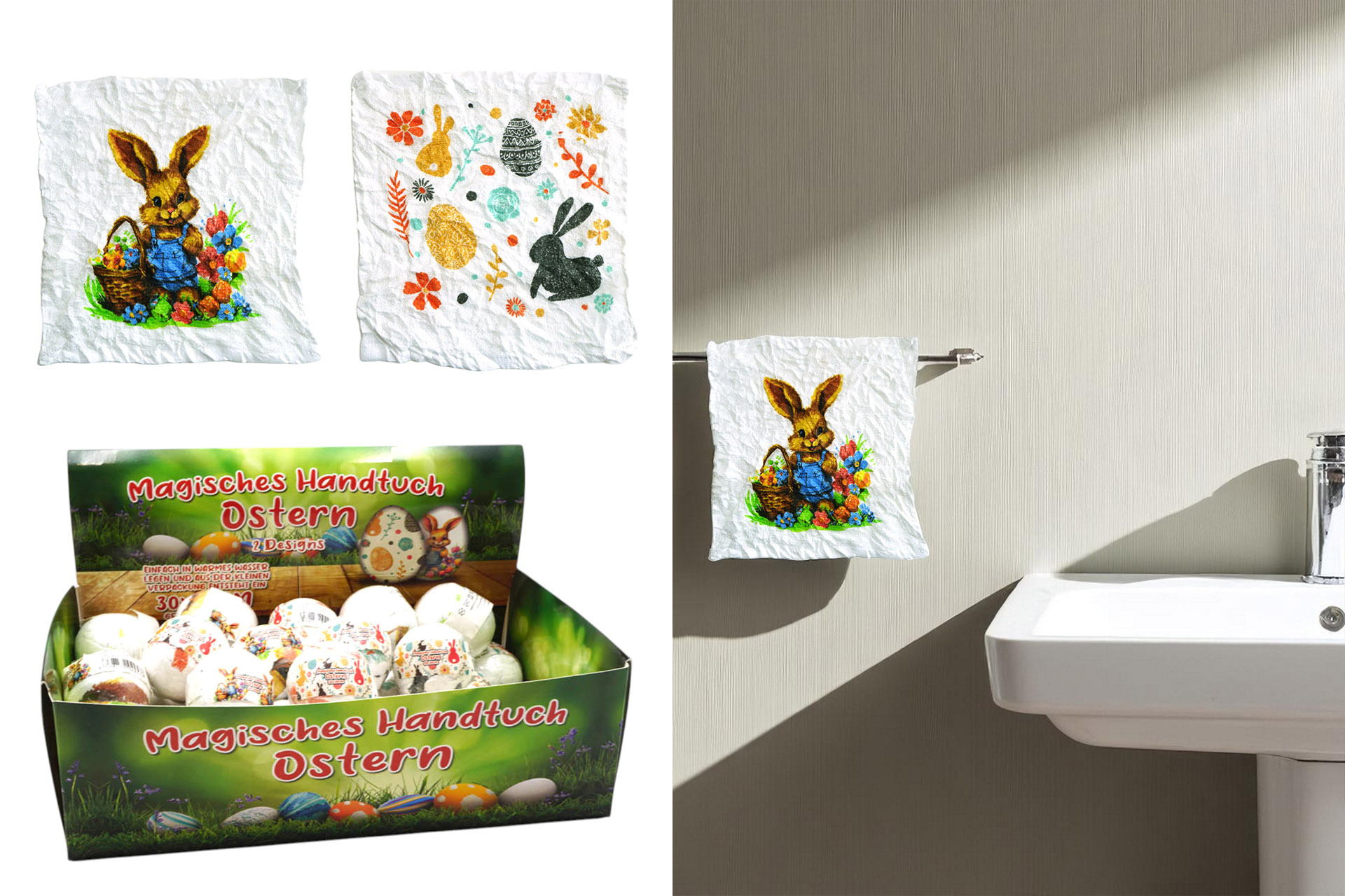 Magisches Handtuch Ostern 30x30cm, 6 Designs, sortiert, im Display