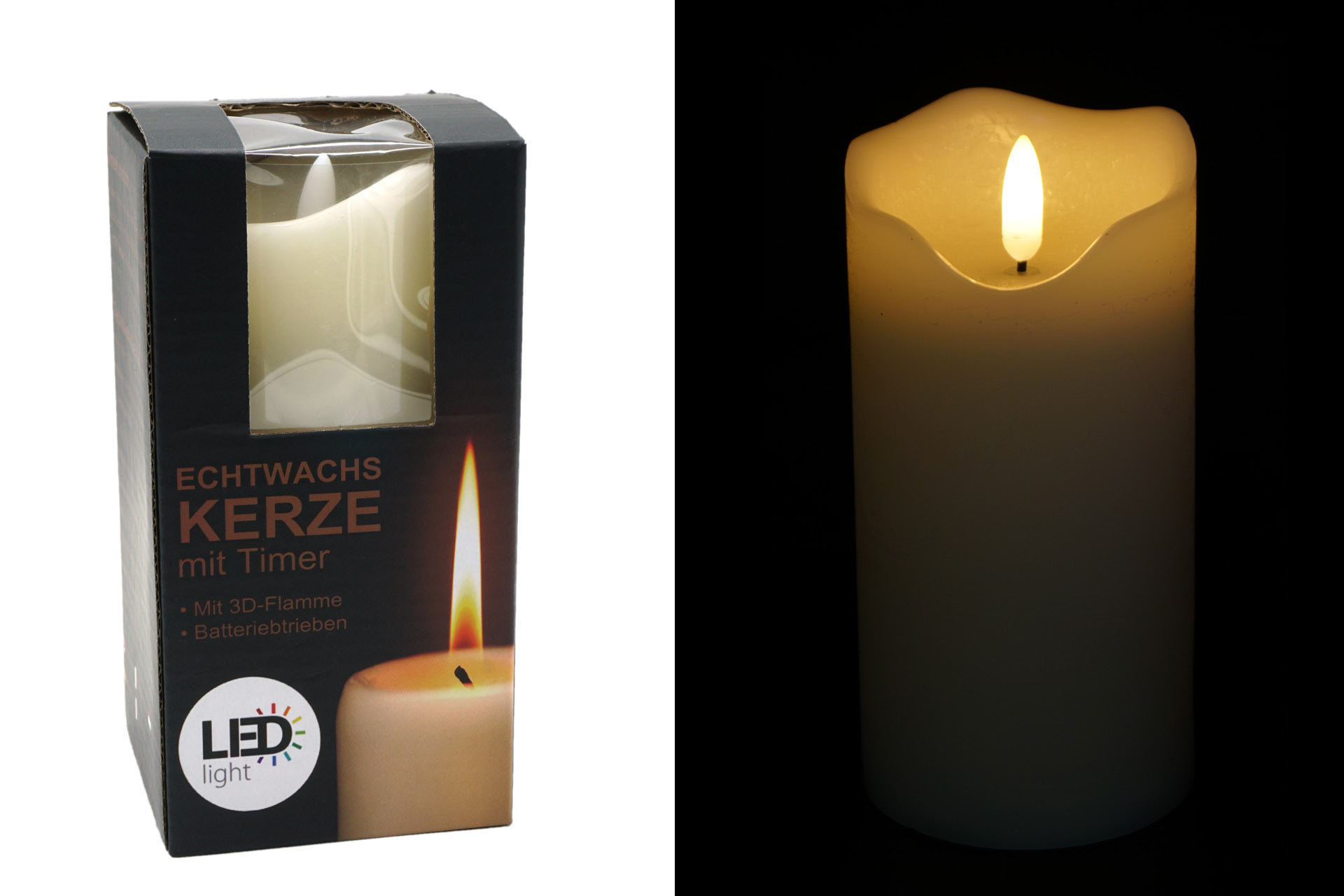 LED Echtwachskerze "3D Flamme" 7,5x15cm mit Timer, creme