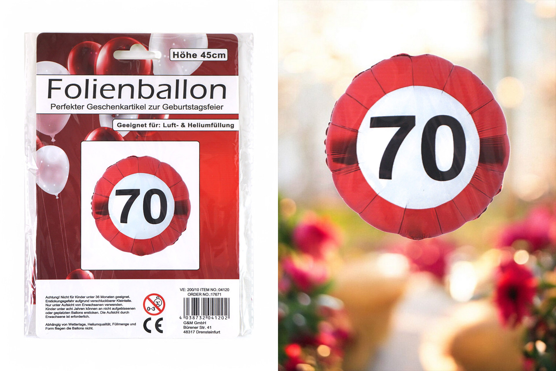Folienballon Jubiläum Verkehrsschild "70", 45cm