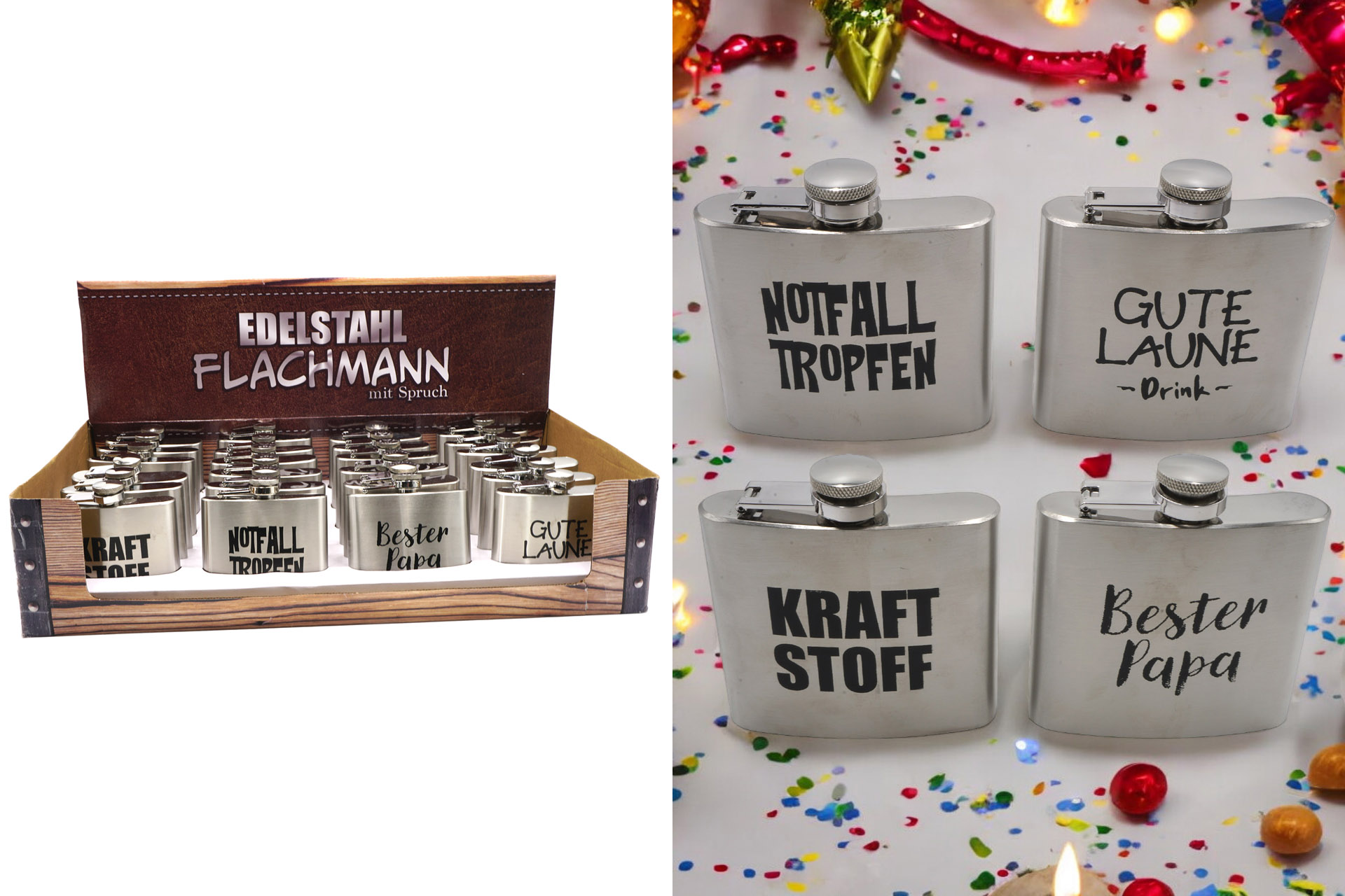 Flachmann Edelstahl mit Sprüchen 150ml, 4 Designs, im Display