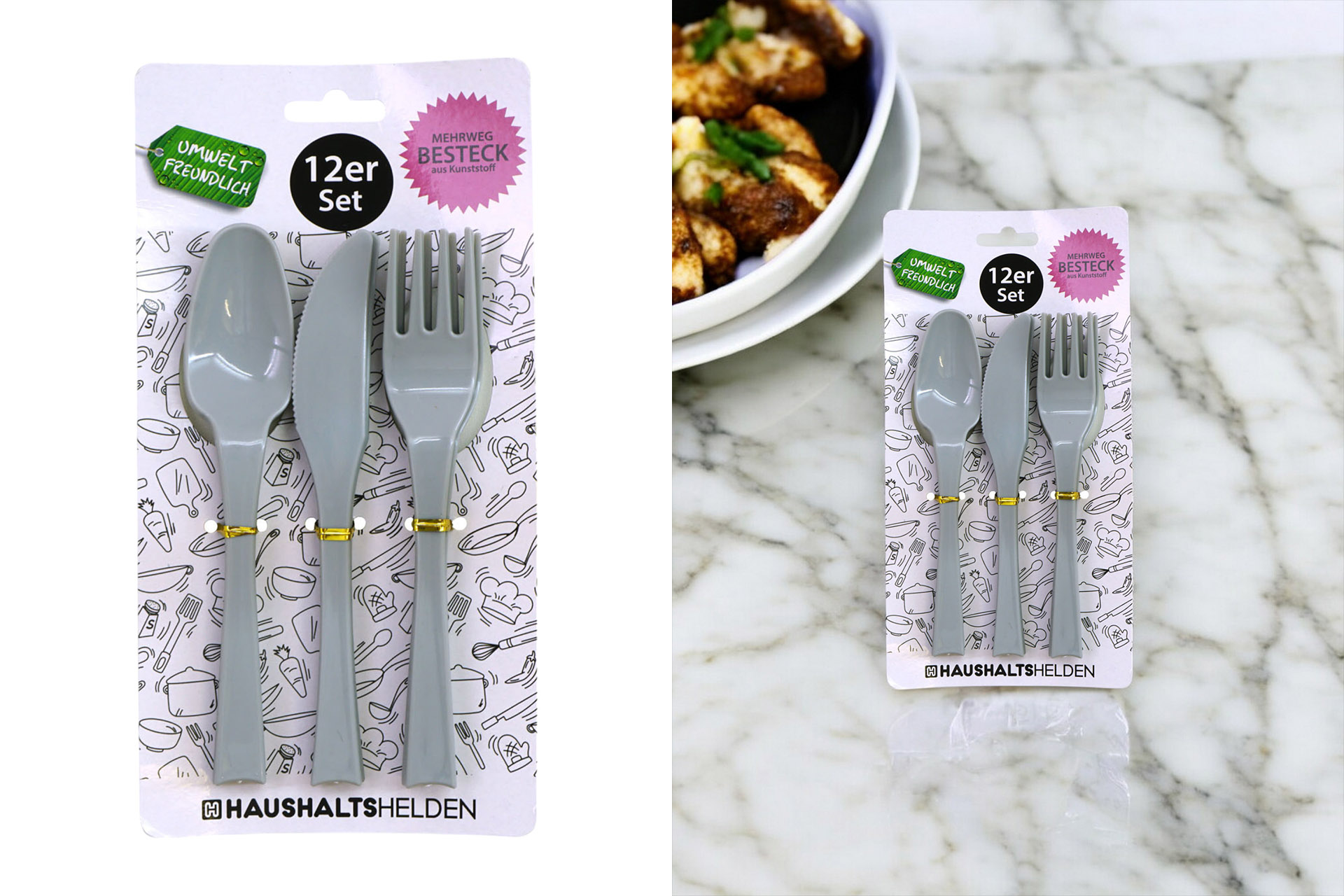 Besteck Kunststoff Mehrweg, 12er Set, 19x3,5cm, grau