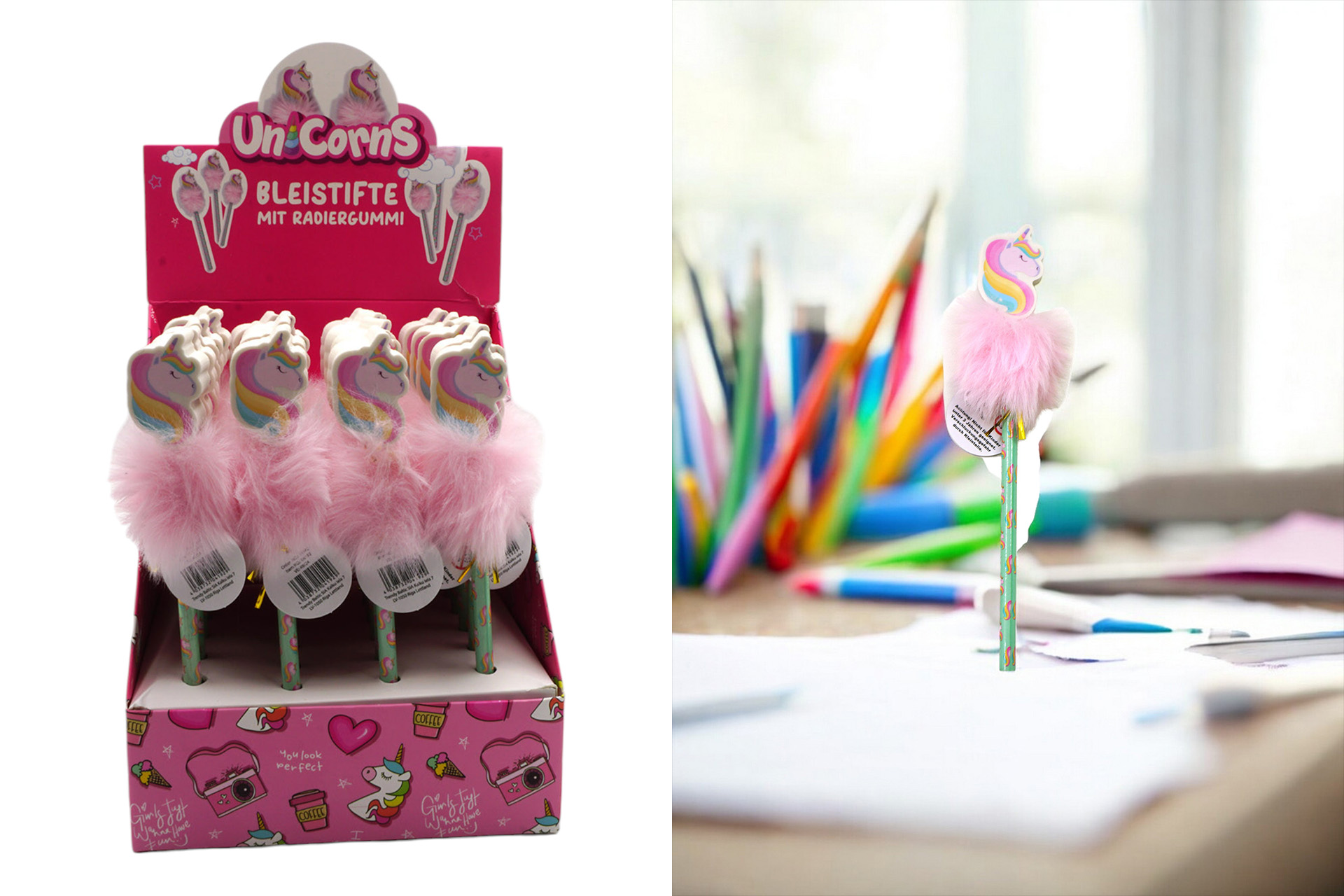 Bleistifte mit Radiergummi "Unicorn", 15x5cm, im Display