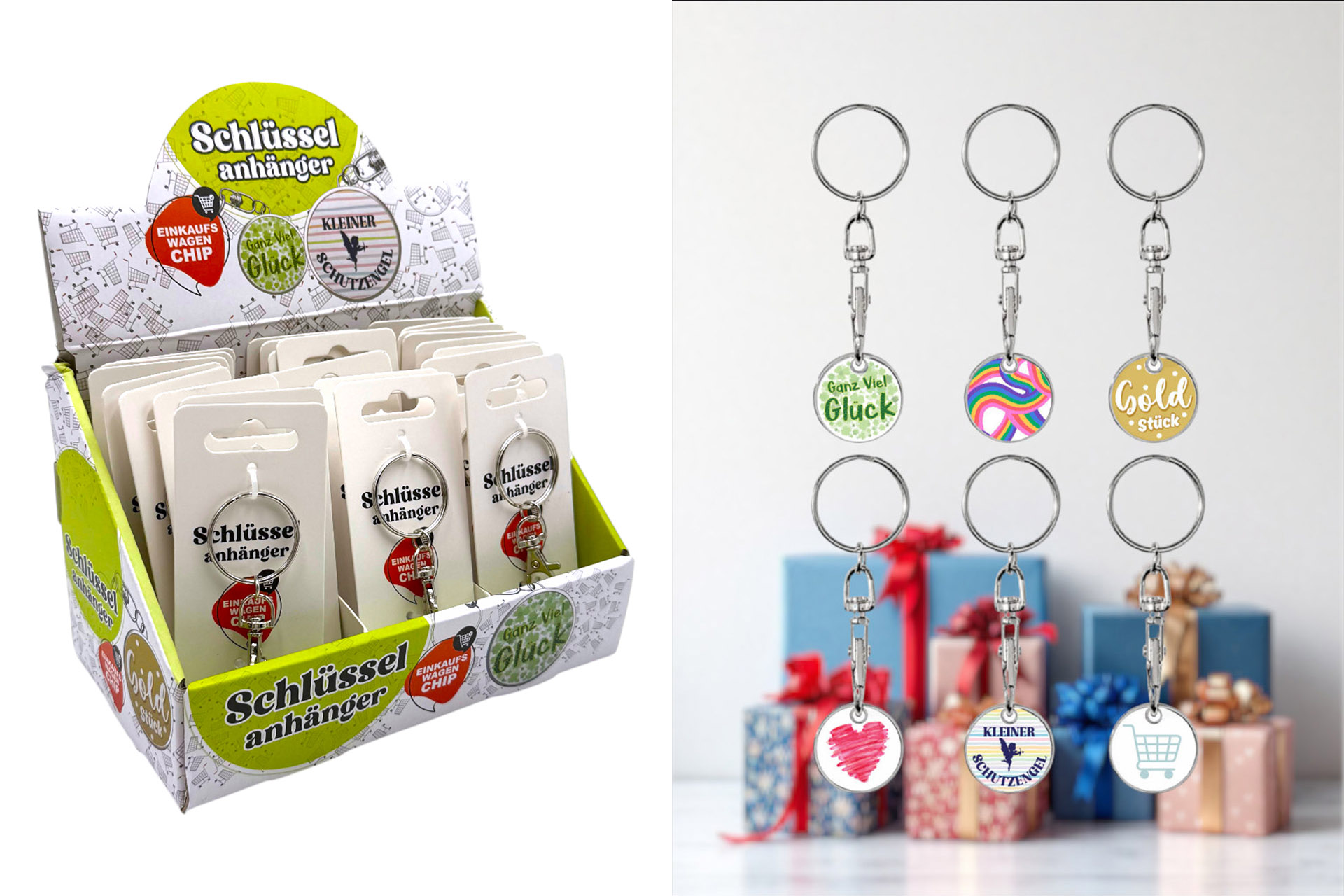 Schlüsselanhänger "Einkaufswagenchip", Edelstahl mit Spruch, 6 Designs, im Display