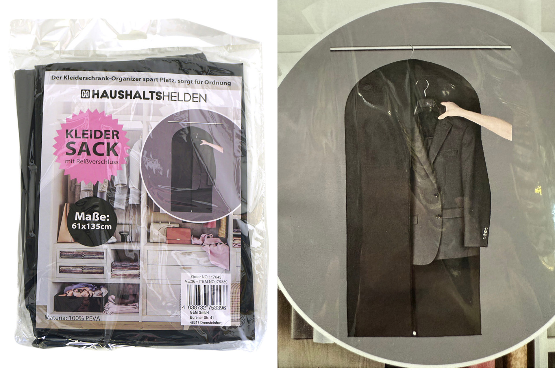 Kleidersack mit Reißverschluss schwarz, 61x135cm