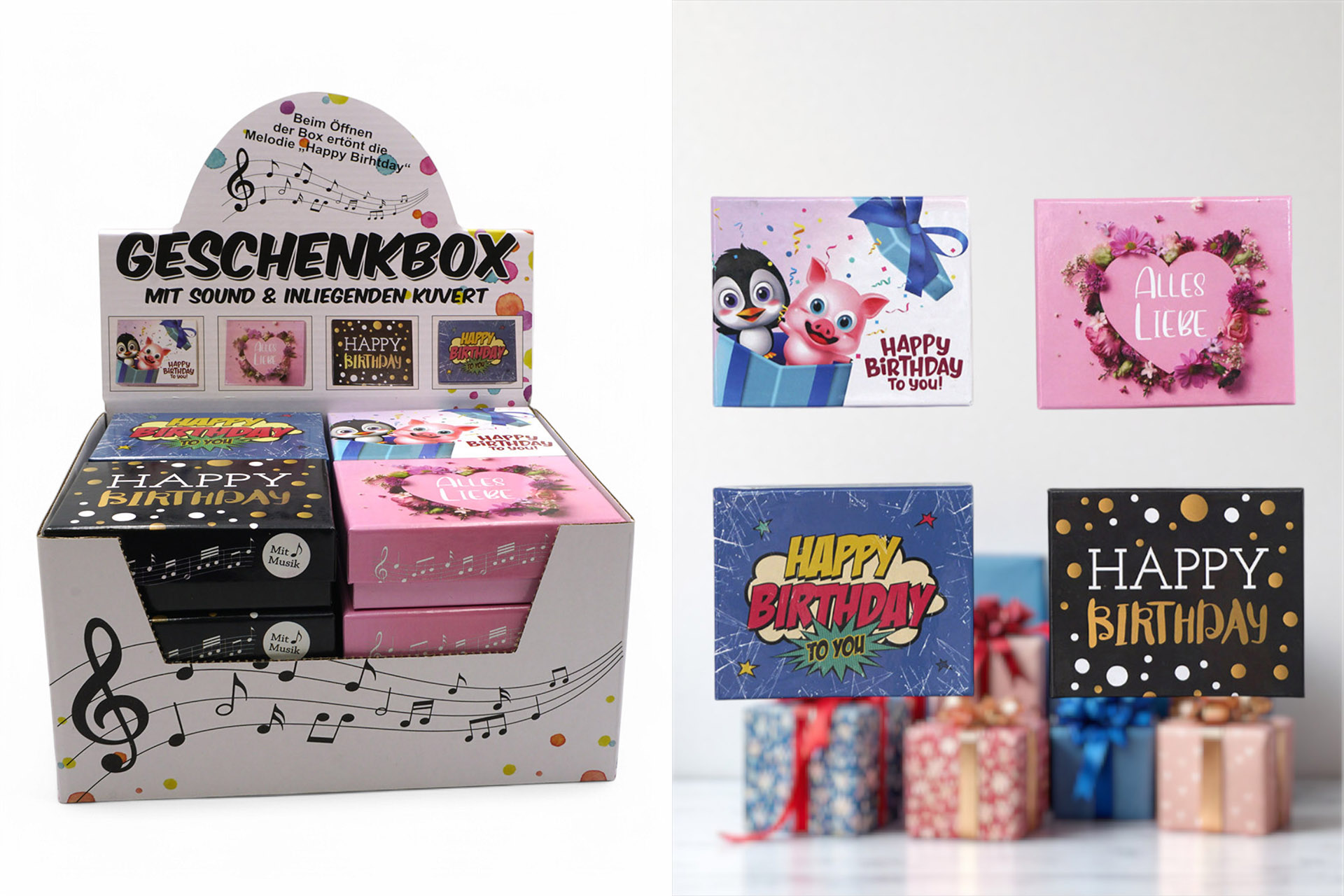 Geschenkbox mit Musik "Happy Birthday", 11x9cm, 4 Designs, im Display