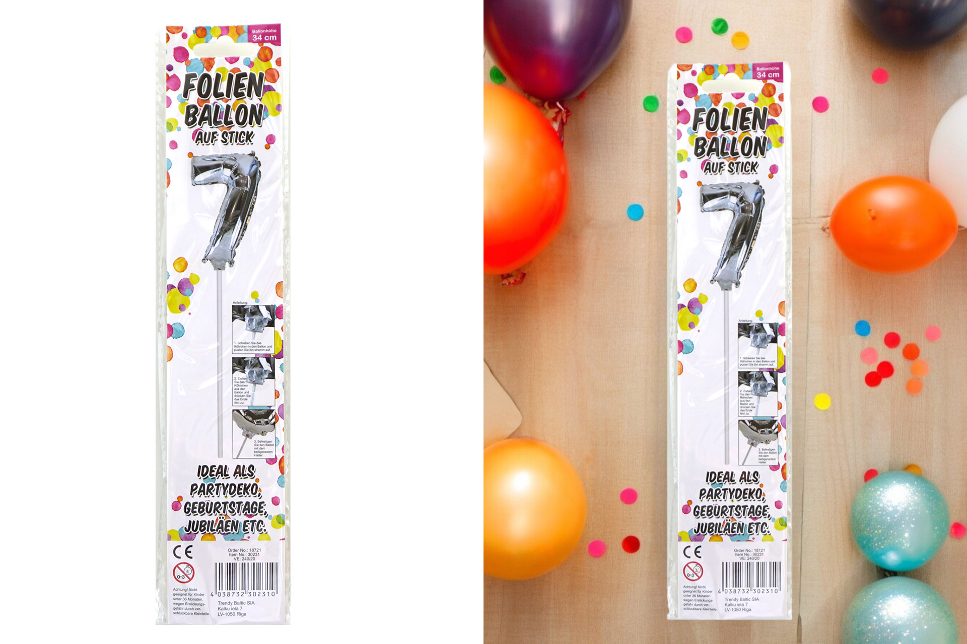 Folienballon Sortiment Refill für Display "Nr. 7 silber" mit Stick, 34cm