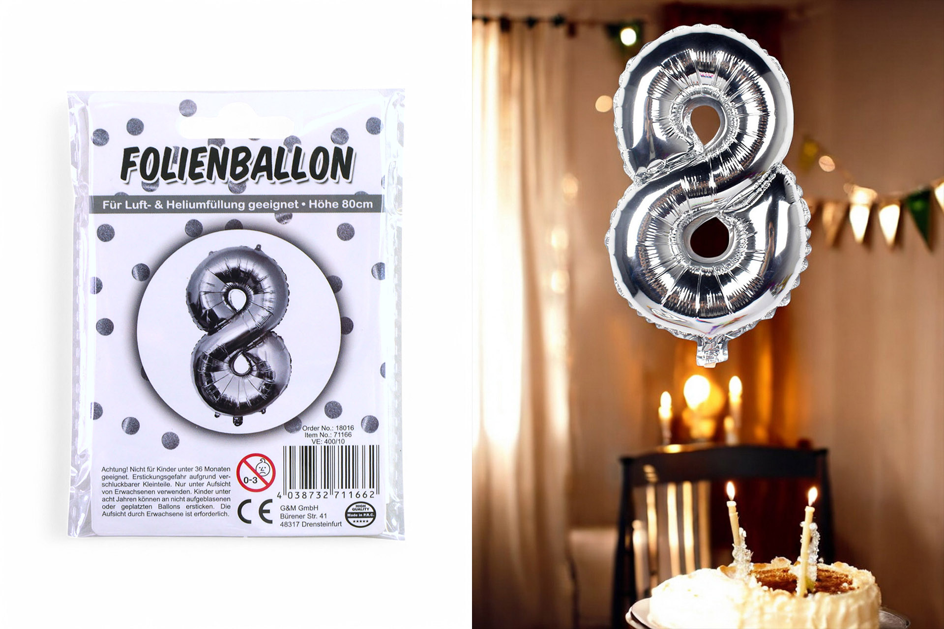 Foil balloon number 8, 80cm silver