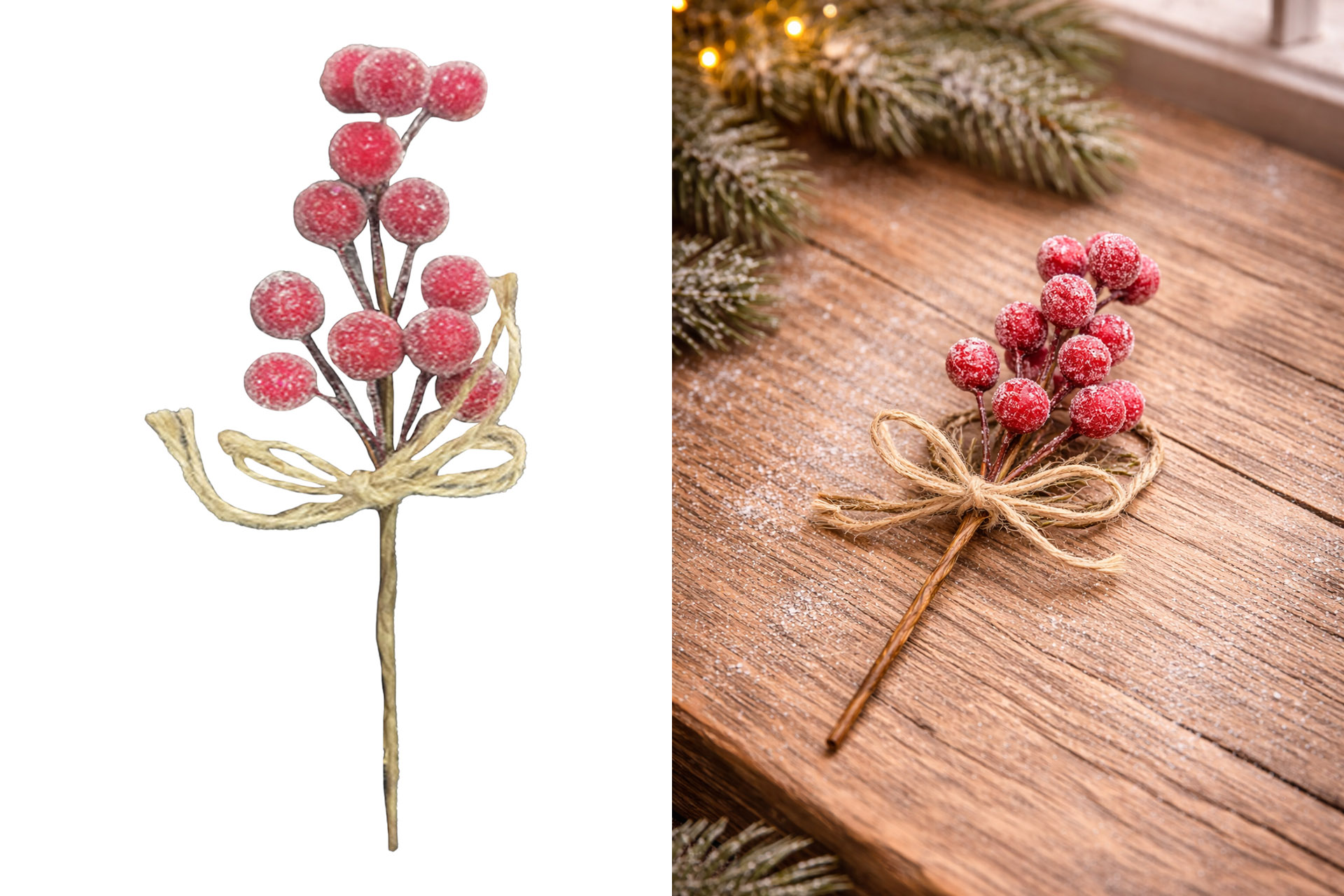 Weihnachtsdeko "Zweig Rote Beeren" beglimmert, 18x5cm, rot