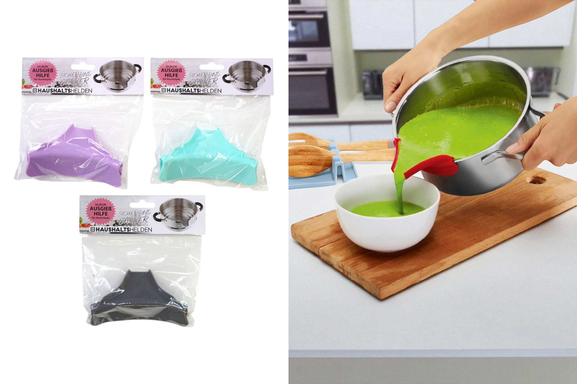 Ausgießhilfe für Töpfe Silikon, 3 Farben