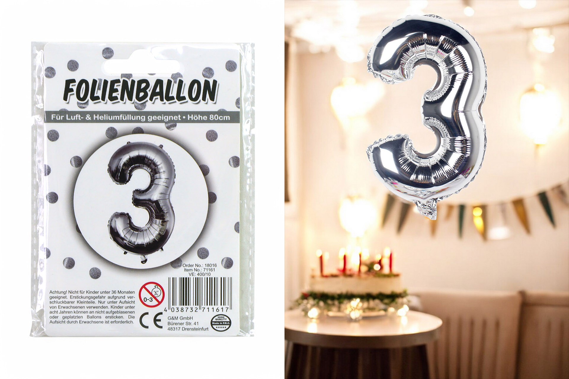 Folienballon Ziffer - 3 , 80cm silber