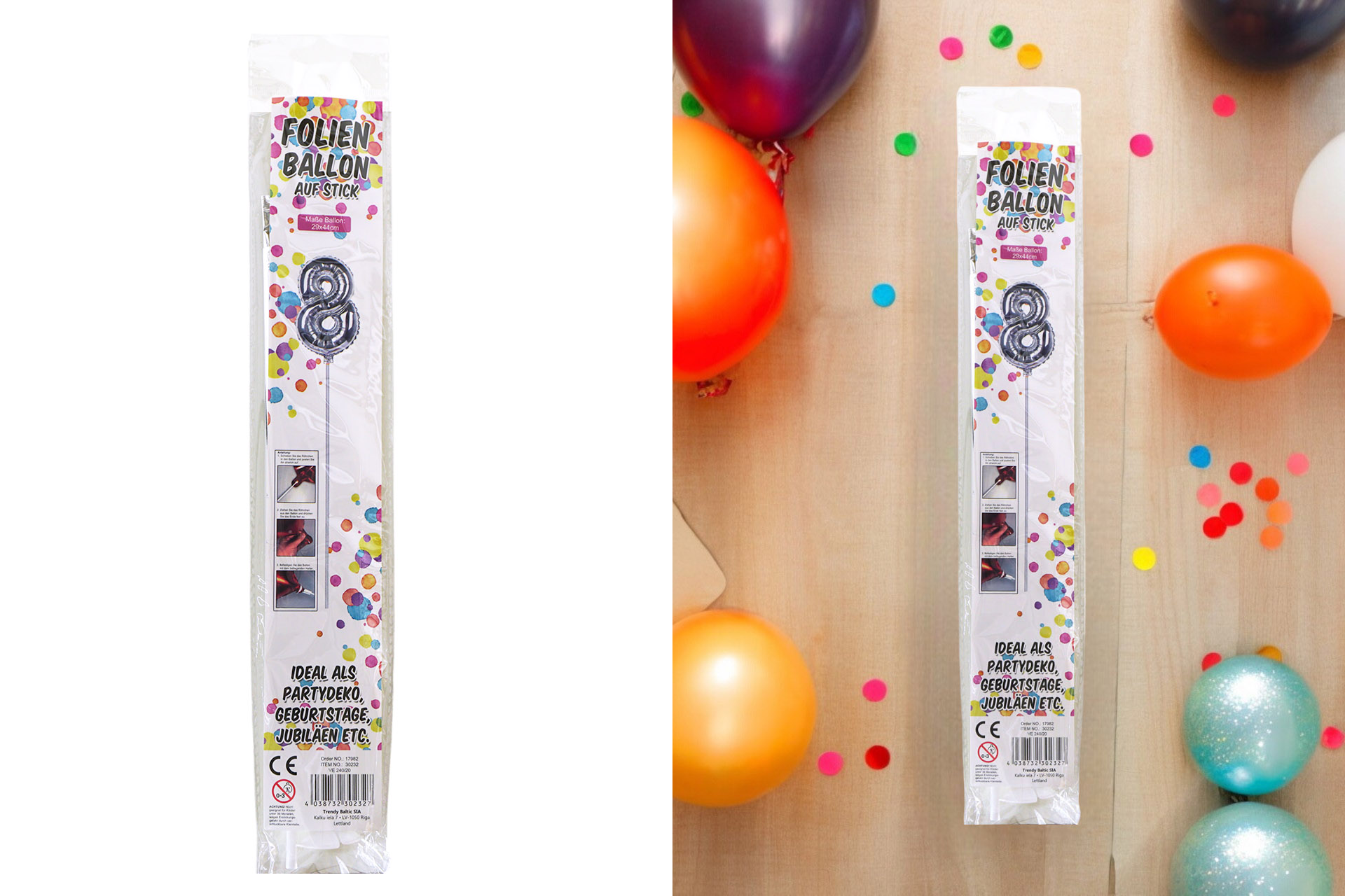Folienballon Sortiment Refill für Display "Nr. 8 silber" mit Stick, 34cm