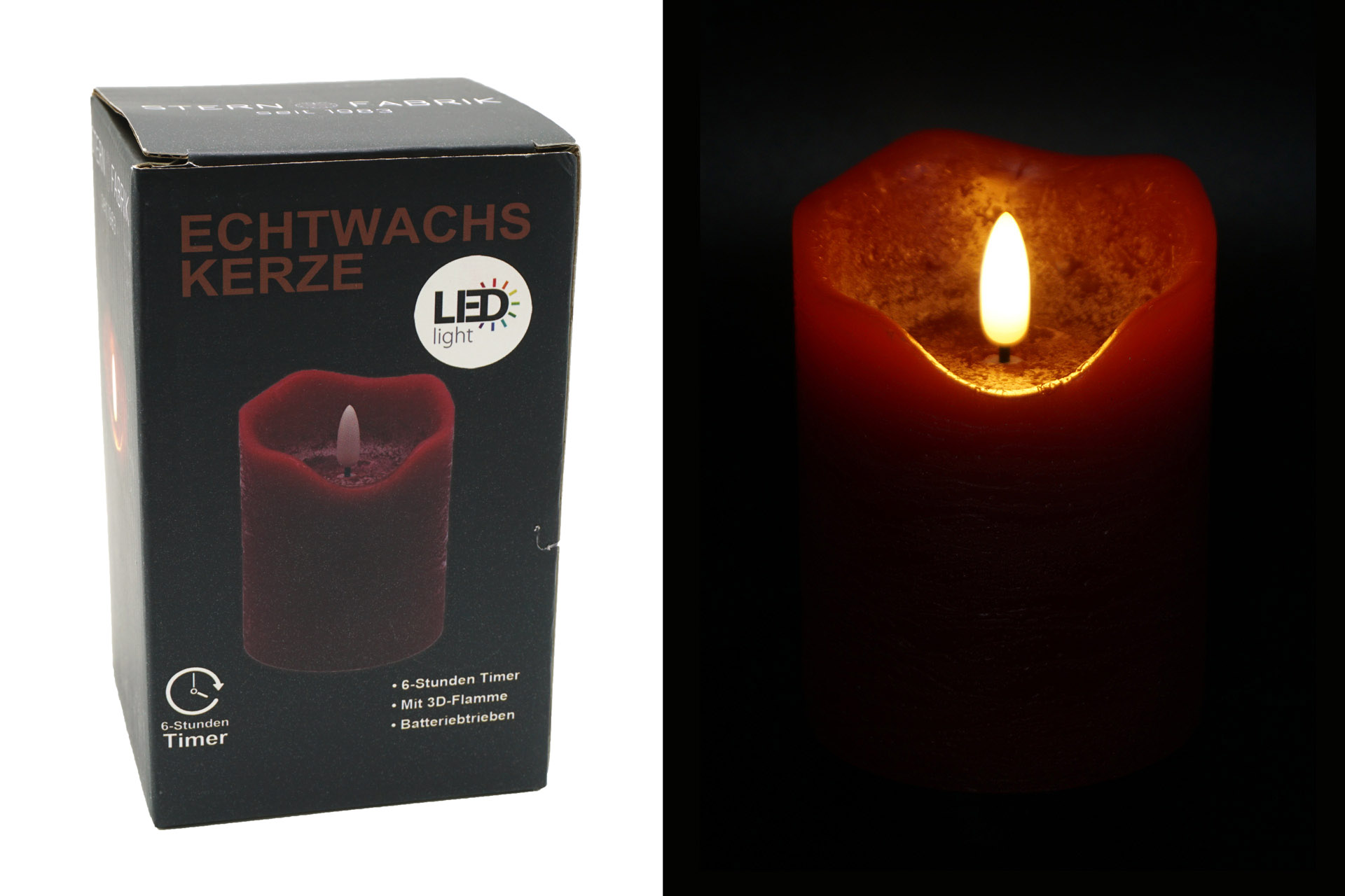 LED Echtwachskerze "3D Flamme" 7,5x12,5cm mit Timer, rot