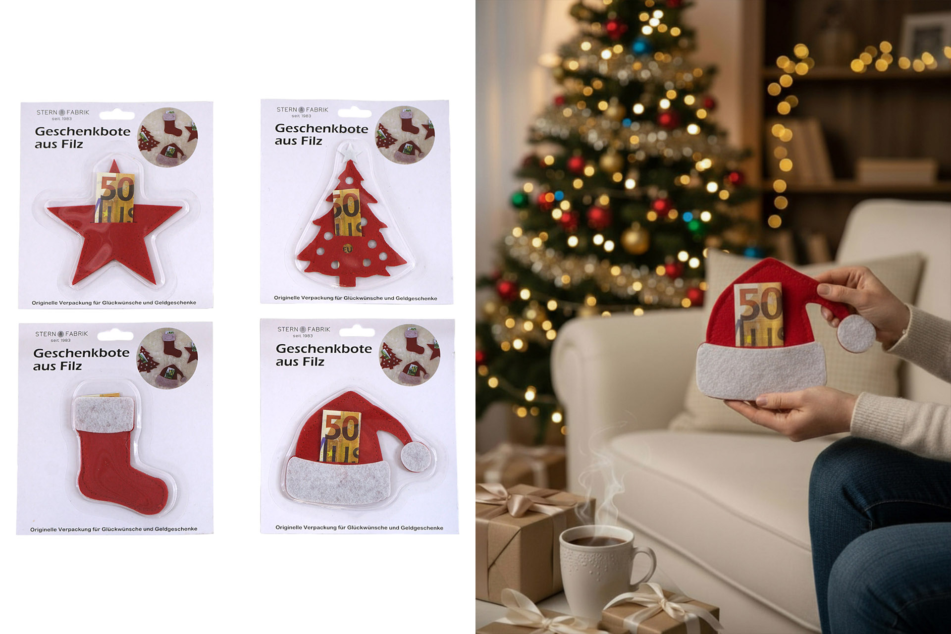 Geldgeschenk Weihnachten, Filz, rot, 4 Designs