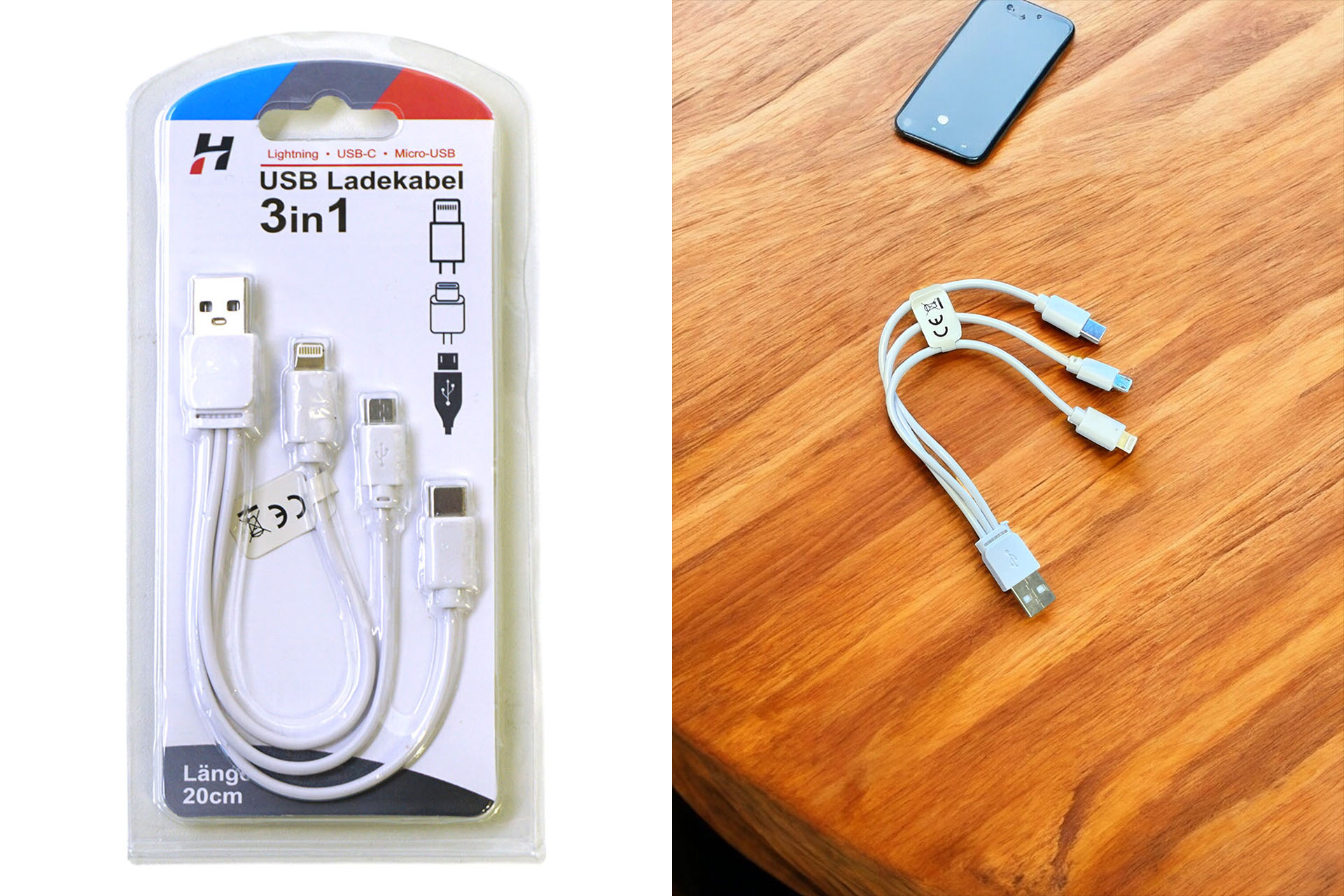 Ladekabel 3in1 weiß, 20cm