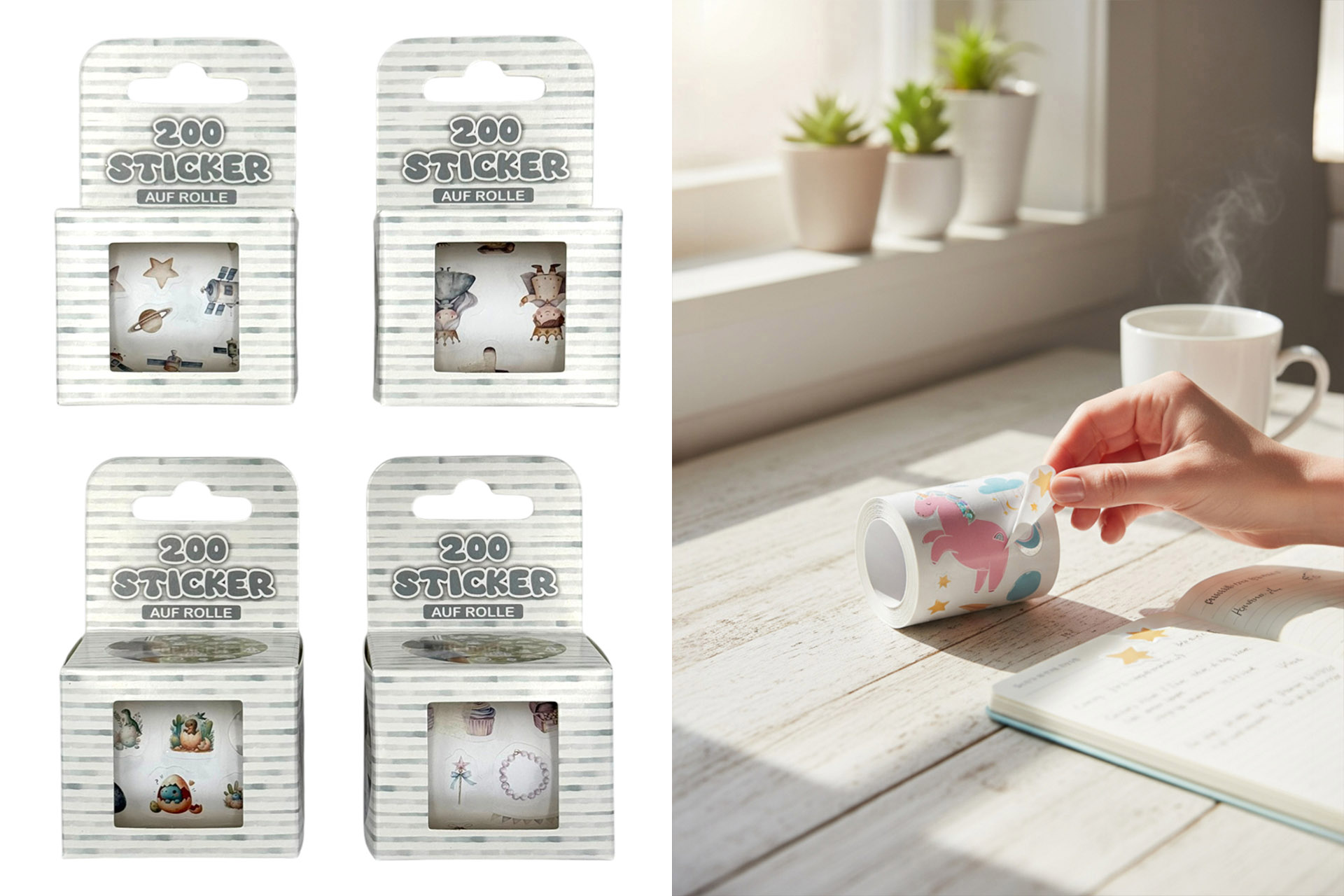 Sticker auf Rolle, 200 Sticker, 5x4,5x4,5cm, 4 Designs