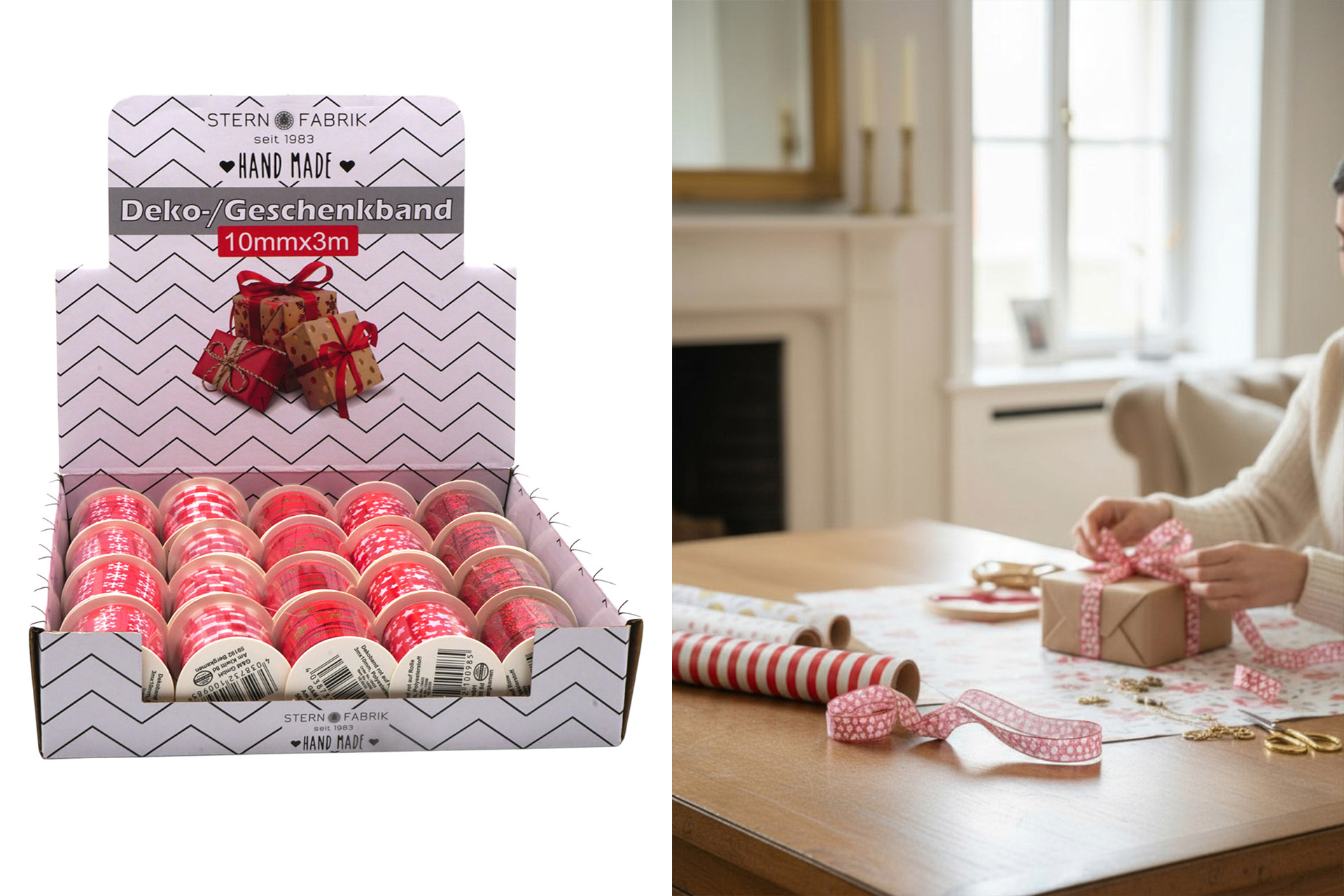 Dekoband rot auf Rolle 3m x 10mm, Polyesterstoff, Display