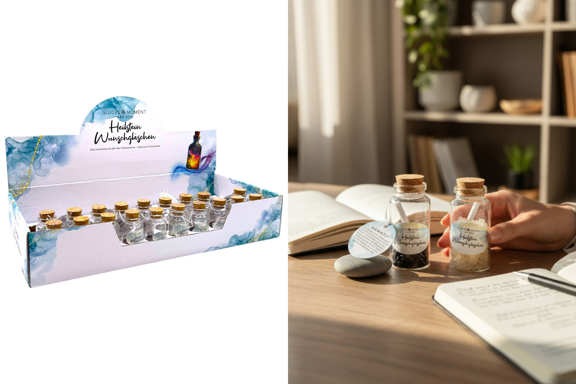 Edelstein Wunschglas "Heilstein", 6,5x3cm, 10 Designs, im Display